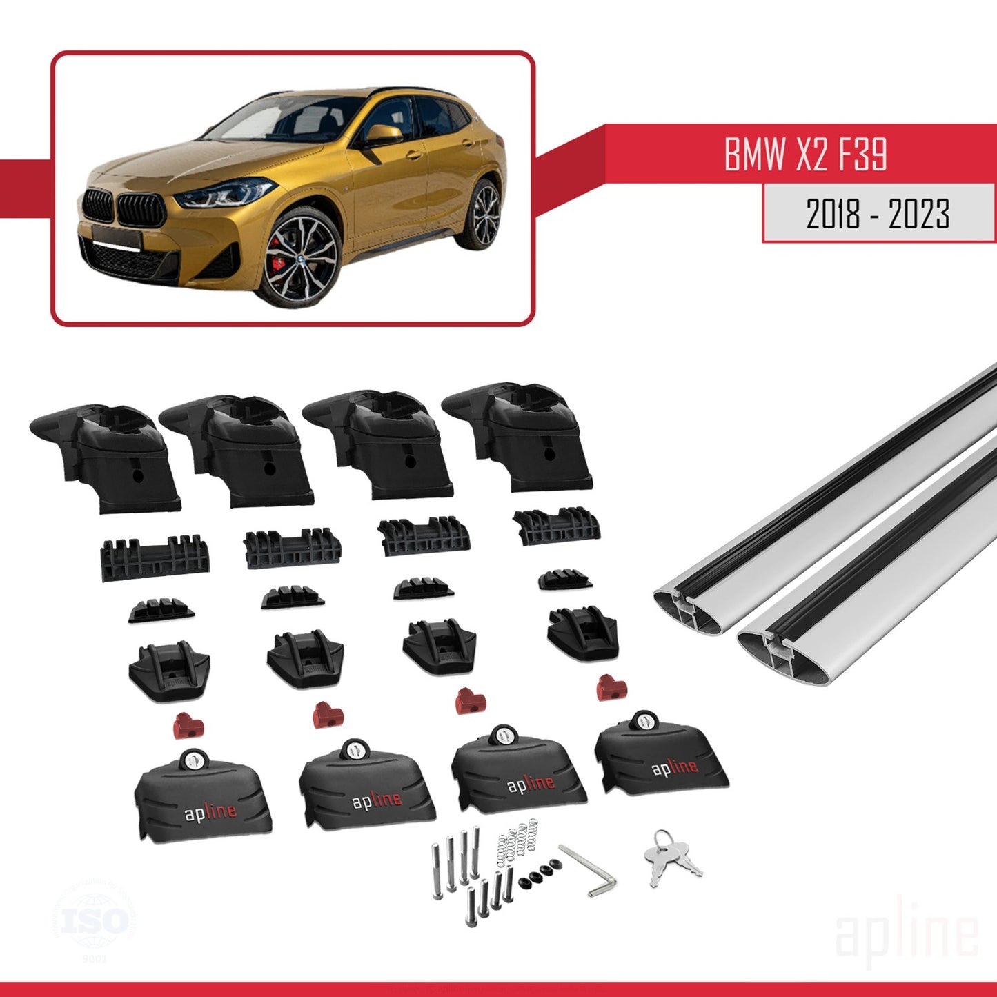 Kompatibel mit BMW X2 (F39) 2018-2023 ACE-2 Dachgepäckträger, Reling, Gepäckträger, graues Aluminium, 2 Stangen