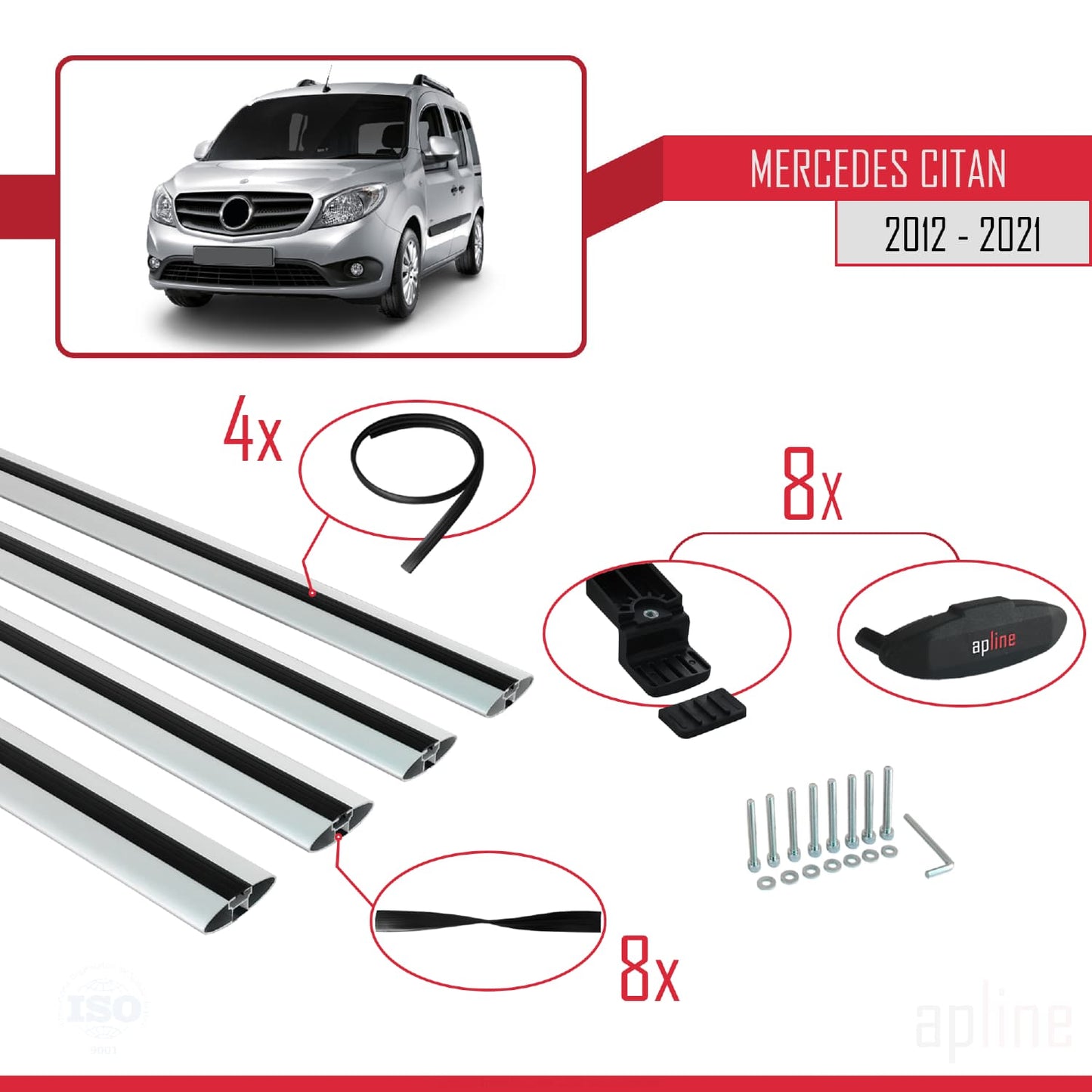 Compatible avec Mercedes Citan (W415) 2012-2021 BASIC Model Barres de Toit Railing Porte-Bagages de Voiture Gris Aluminium 4 Barres