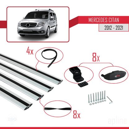 Compatible avec Mercedes Citan (W415) 2012-2021 BASIC Model Barres de Toit Railing Porte-Bagages de Voiture Gris Aluminium 4 Barres