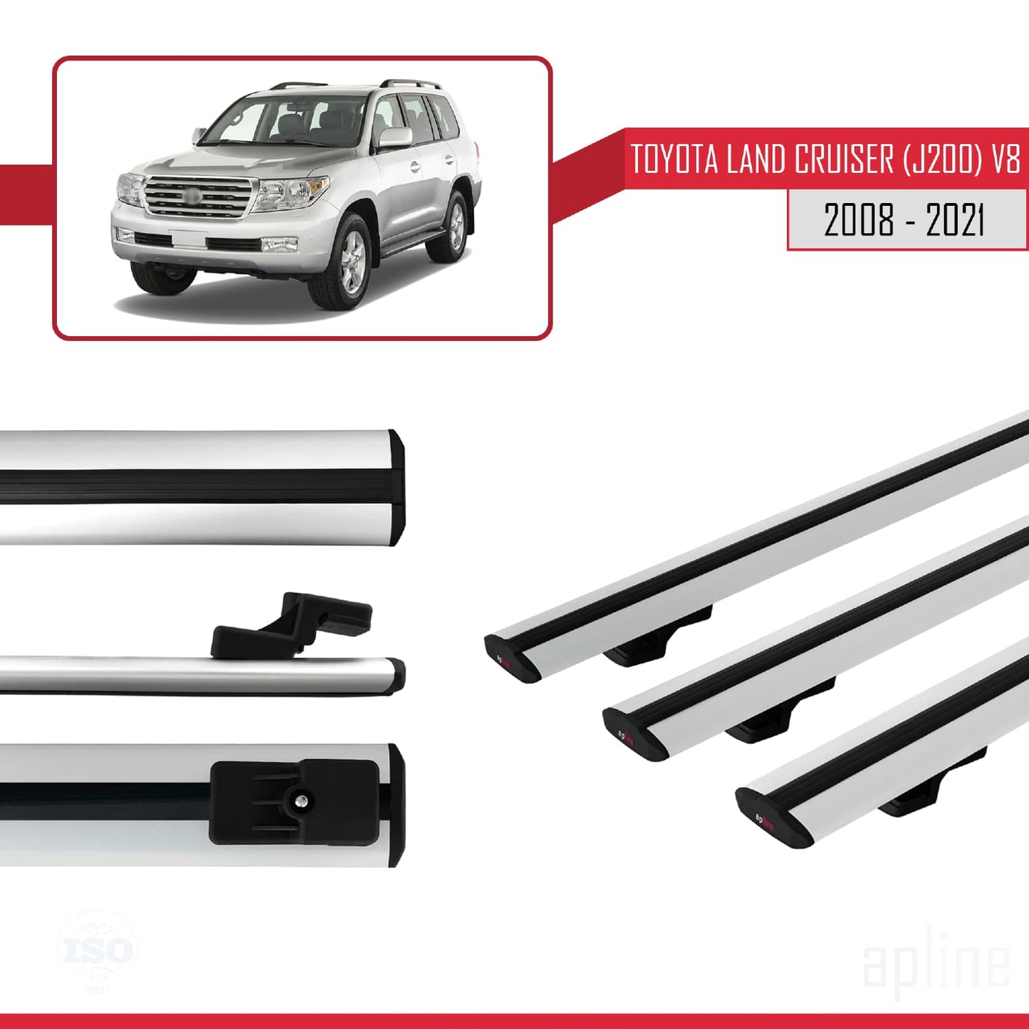 Compatible avec Toyota Land Cruiser V8 (J200) 2008-2021 BASIC Model Barres de Toit Railing Porte-Bagages de Voiture Gris Aluminium 3 Barres