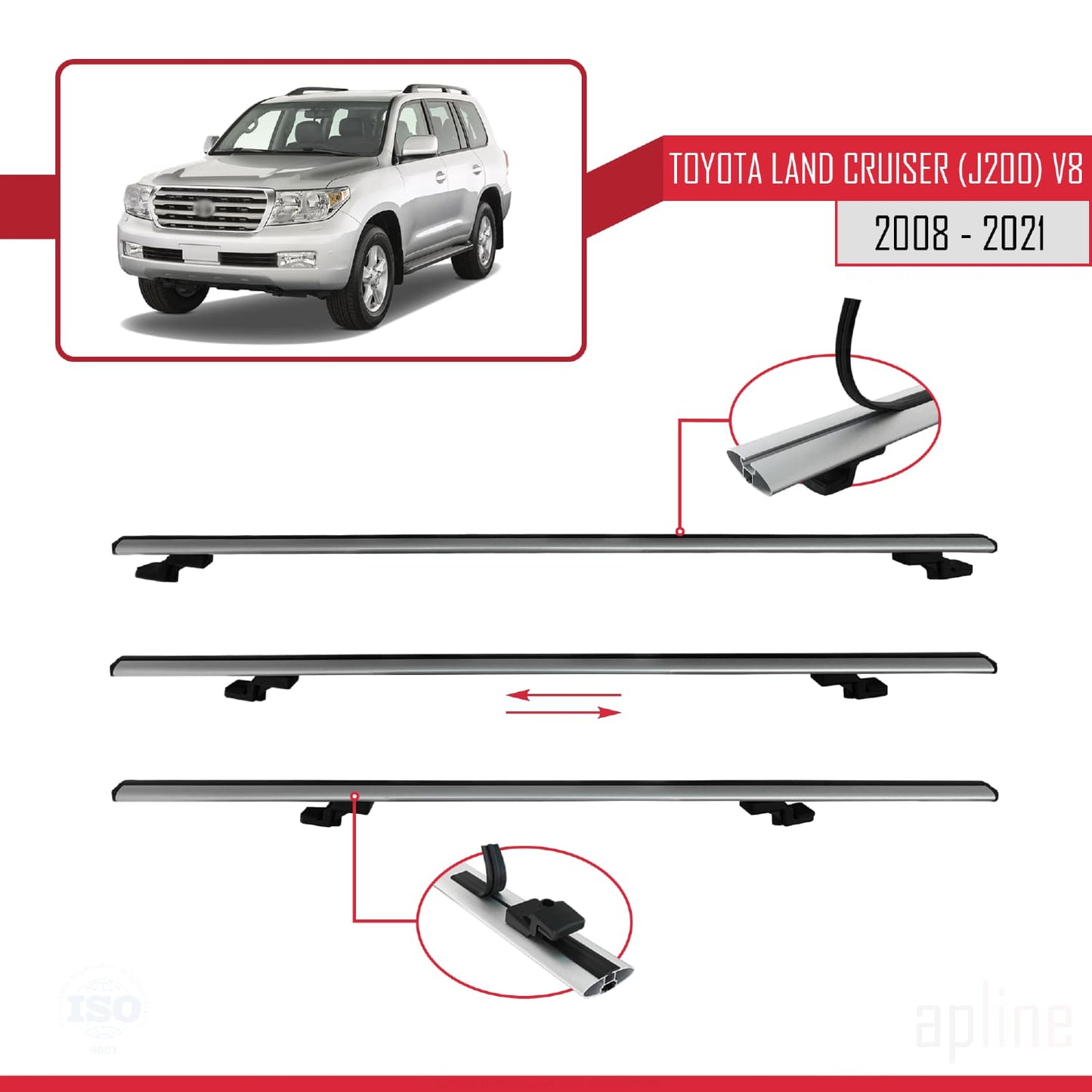 Compatible avec Toyota Land Cruiser V8 (J200) 2008-2021 BASIC Model Barres de Toit Railing Porte-Bagages de Voiture Gris Aluminium 3 Barres