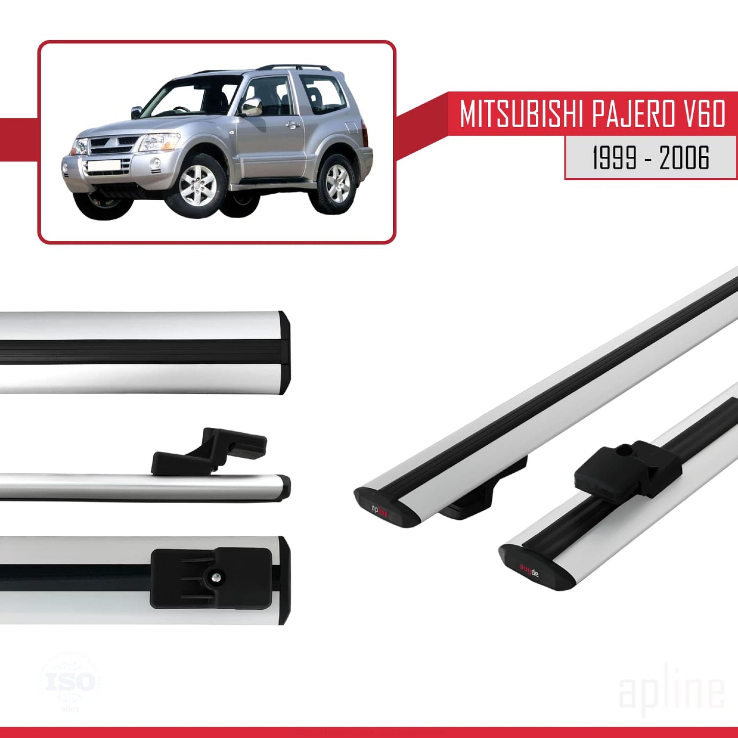 Compatible with Mitsubishi Pajero (V60) 3 Door 1999-2006 BASIC Model Car Roof Rack Cross Bar Grey Aluminium 2 Bars