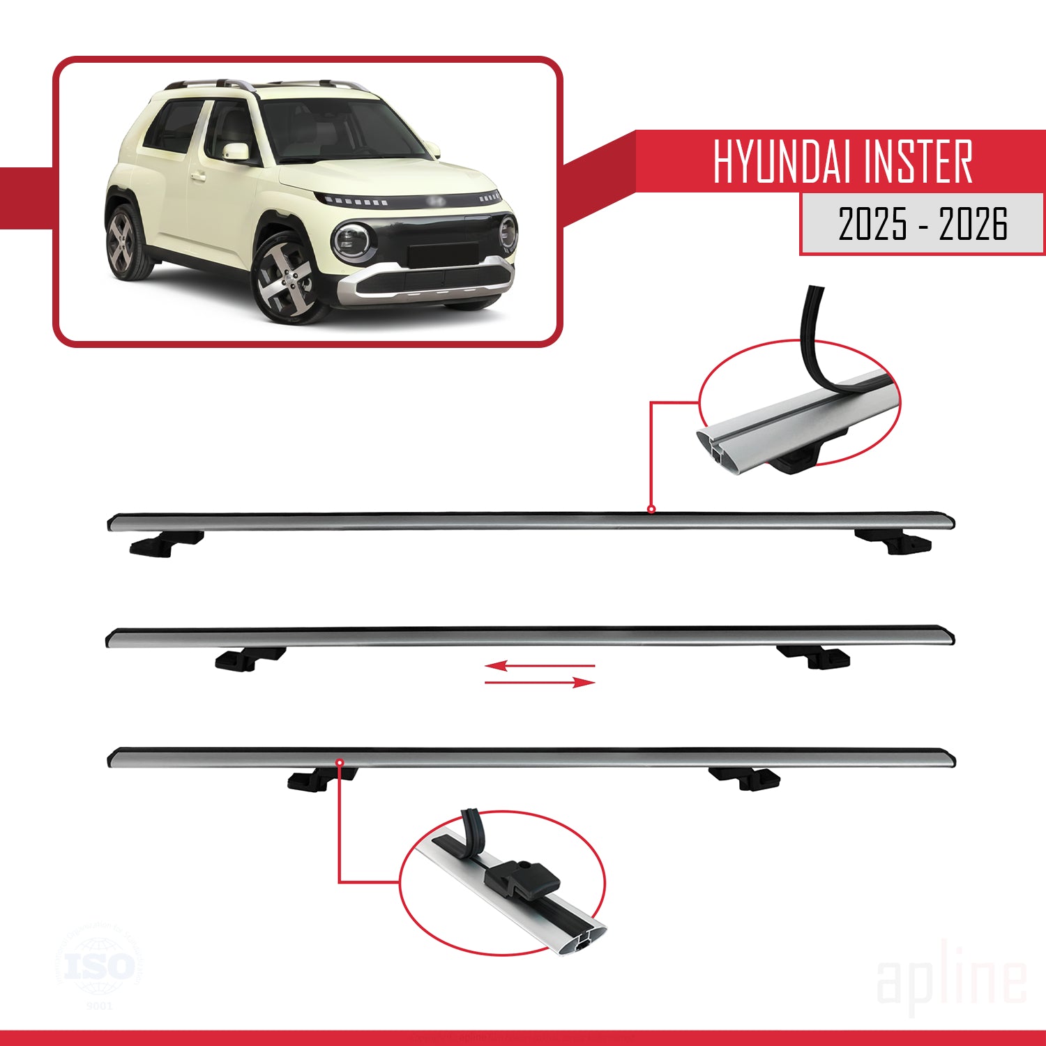 Compatible avec Hyundai Inster 2025-2026 BASIC Model Barres de Toit Railing Porte-Bagages de Voiture Gris Aluminium 3 Barres