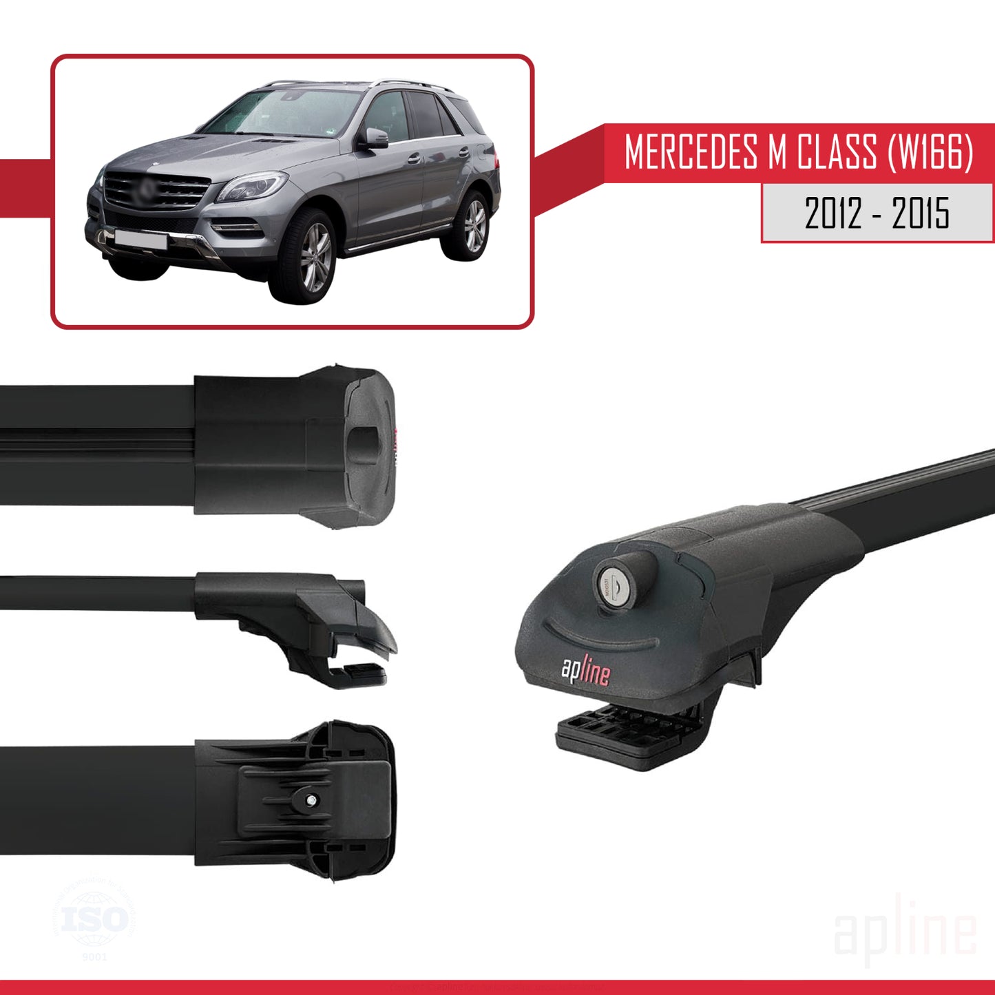 Kompatibel mit Mercedes M Class 3 (W166) Pre-Facelift 2012-2015 ACE-1 Relingträger Dachträger Auto Gepäckträger Schwarz Aluminium 3 Stangen