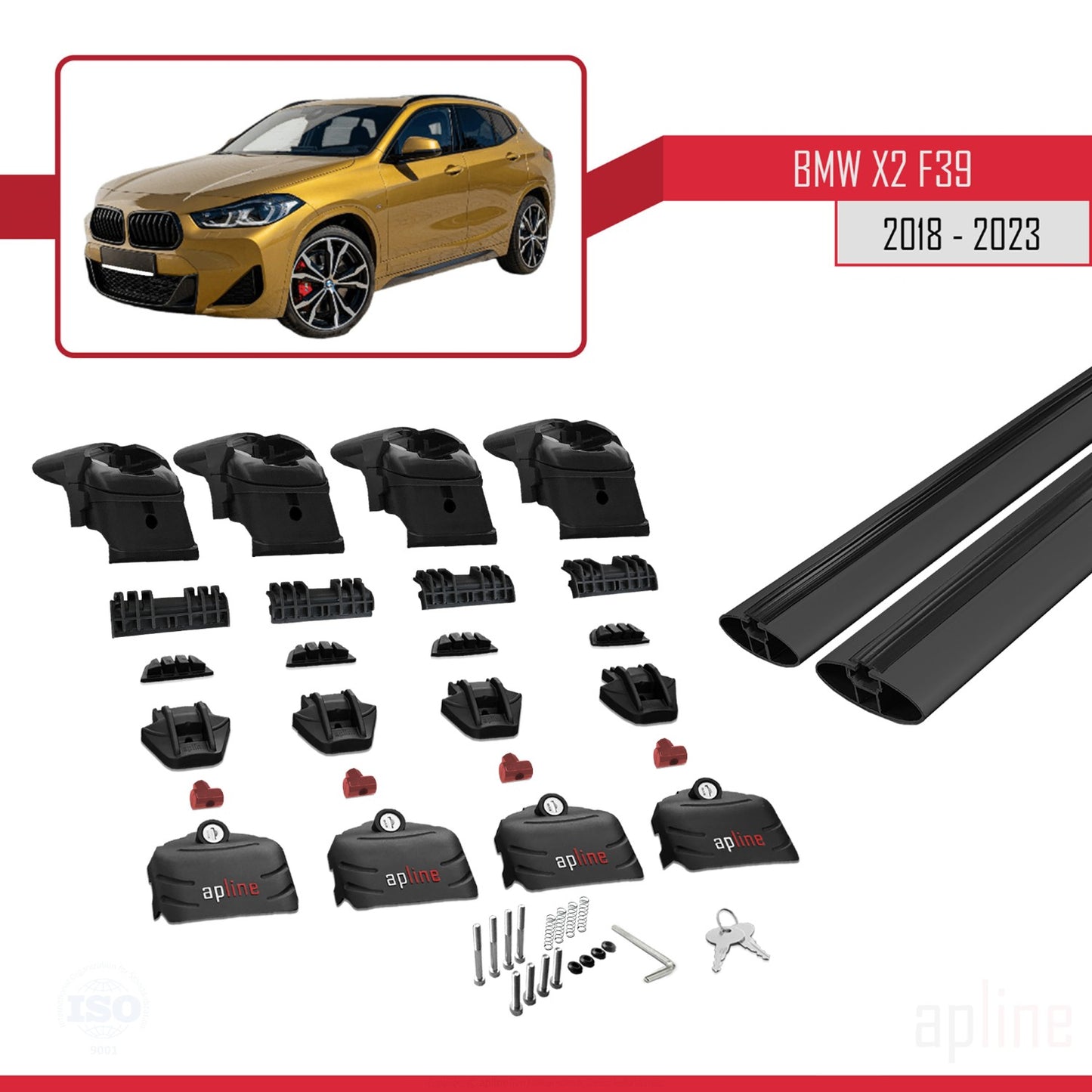 Kompatibel mit BMW X2 (F39) 2018-2023 ACE-2 Dachgepäckträger, Reling, Gepäckträger, schwarzes Aluminium, 2 Stangen
