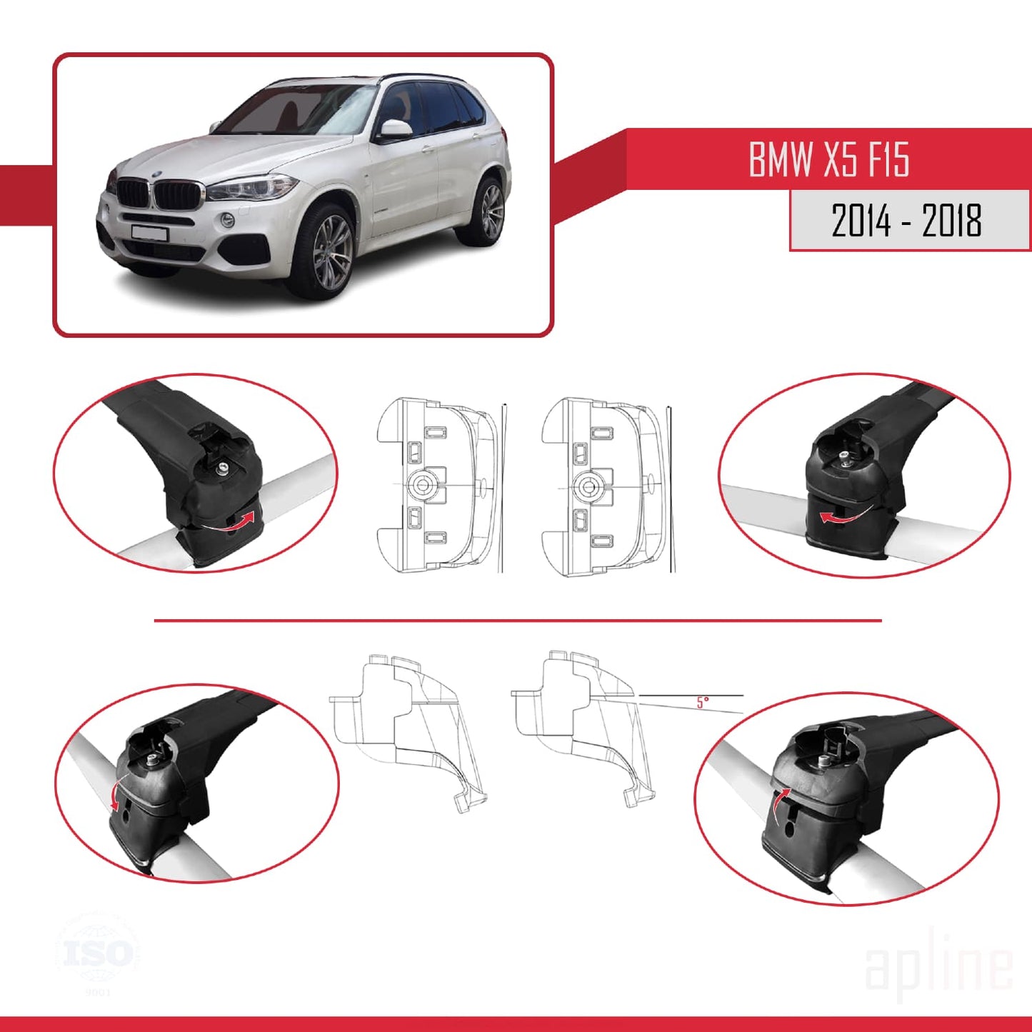 Kompatibel mit BMW X5 (F15) 2014-2018 ACE-2 Dachträger, Auto-Dachgepäckträger, schwarzes Aluminium, 2 Stangen