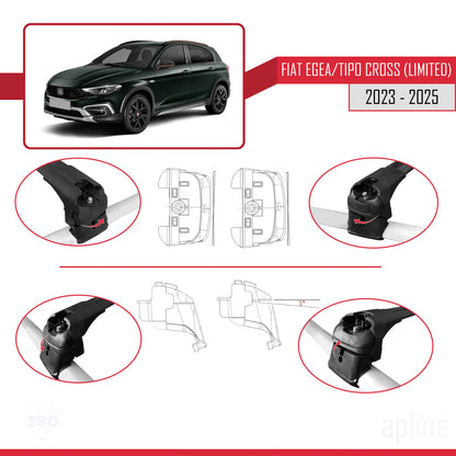 Compatible avec Fiat Egea / Tipo Cross (LIMITED) 2023-2025 ACE-2 Barres de Toit Railing Porte-Bagages de Voiture Noir Aluminium 2 Barres