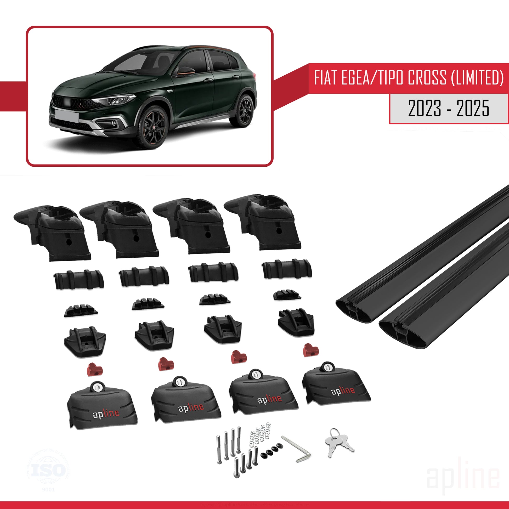 Compatible avec Fiat Egea / Tipo Cross (LIMITED) 2023-2025 ACE-2 Barres de Toit Railing Porte-Bagages de Voiture Noir Aluminium 2 Barres