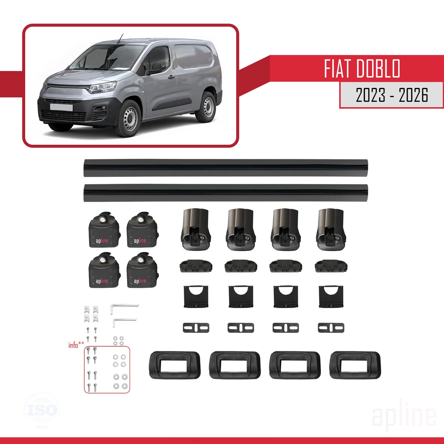 Compatible avec Fiat Doblo 2023-2026 ACE-3 Barres de Toit Railing Porte-Bagages de Voiture Noir Aluminium 2 Barres
