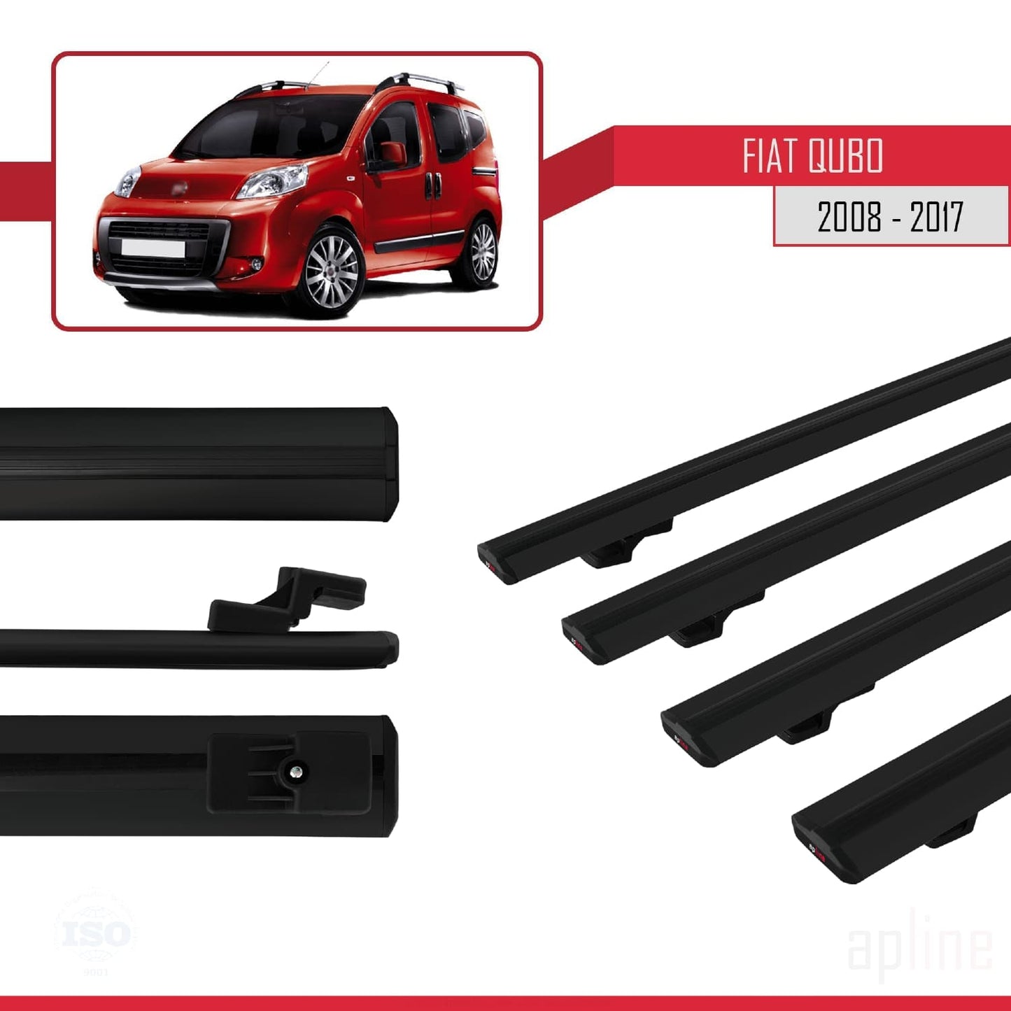Compatible avec Fiat Qubo 2008-2017 BASIC Model Barres de Toit Railing Porte-Bagages de Voiture Noir Aluminium 4 Barres