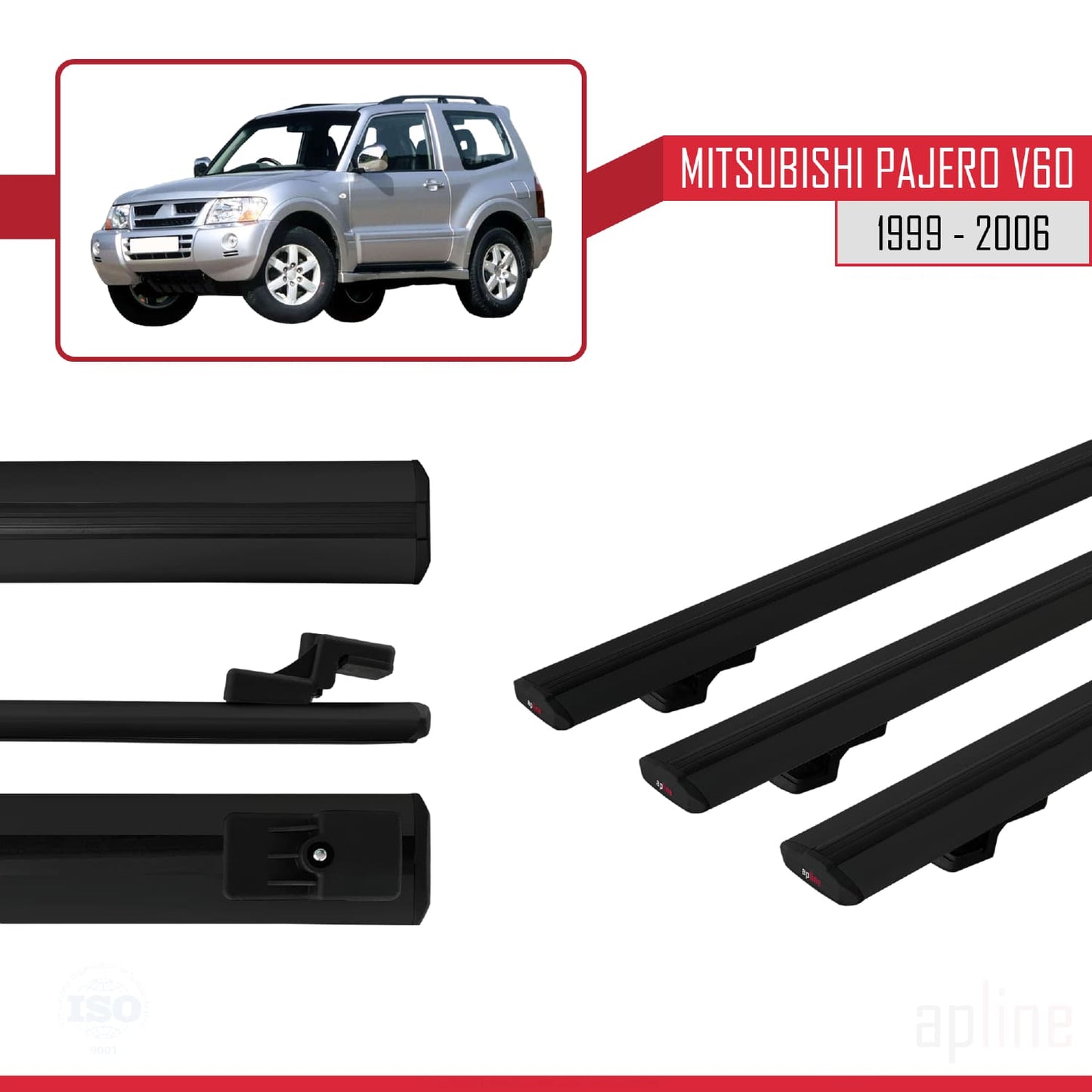 Kompatibel mit Mitsubishi Pajero (V60) 3 Kapı 1999-2006 BASIC Model Relingträger Dachträger Auto Gepäckträger Schwarz Aluminium 3 Stangen