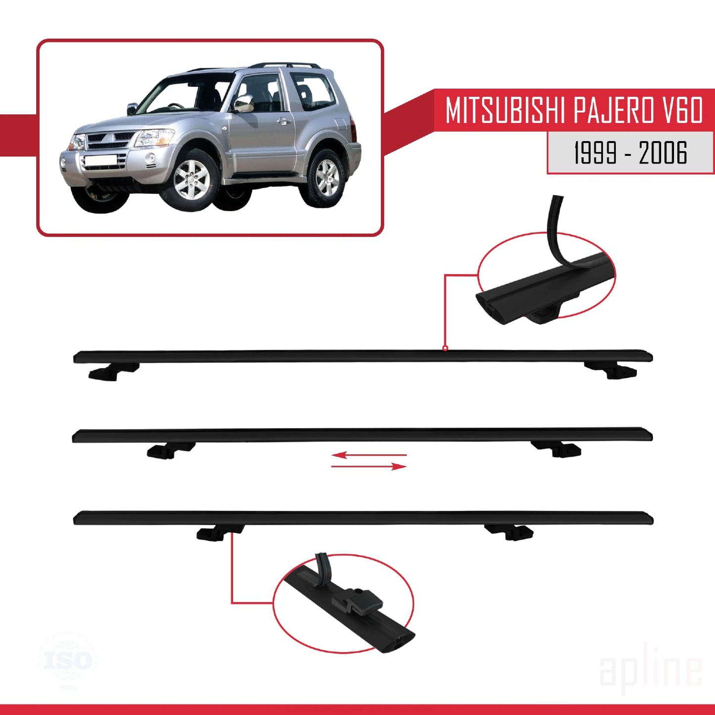 Kompatibel mit Mitsubishi Pajero (V60) 3 Kapı 1999-2006 BASIC Model Relingträger Dachträger Auto Gepäckträger Schwarz Aluminium 3 Stangen