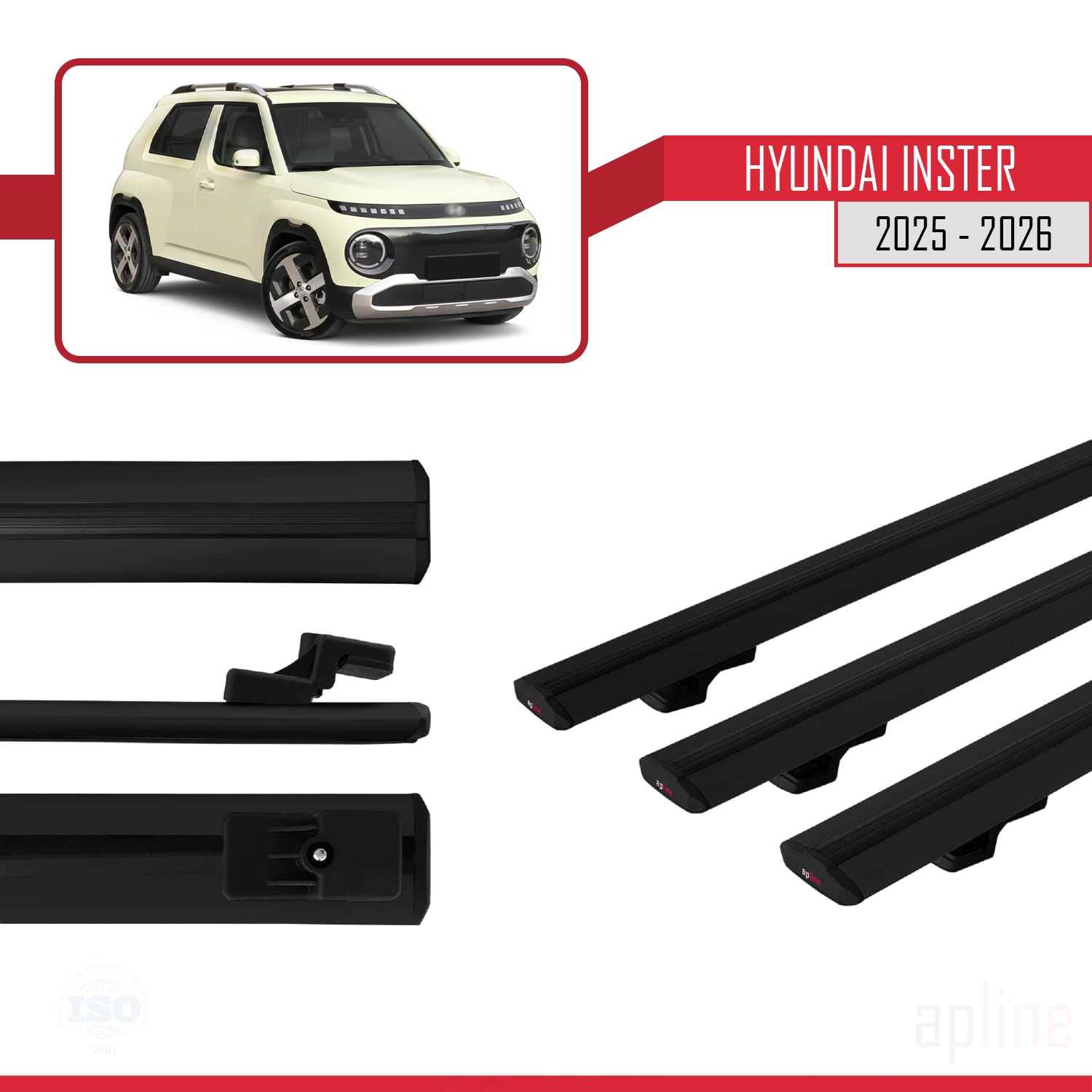 Compatible avec Hyundai Inster 2025-2026 BASIC Model Barres de Toit Railing Porte-Bagages de Voiture Noir Aluminium 3 Barres