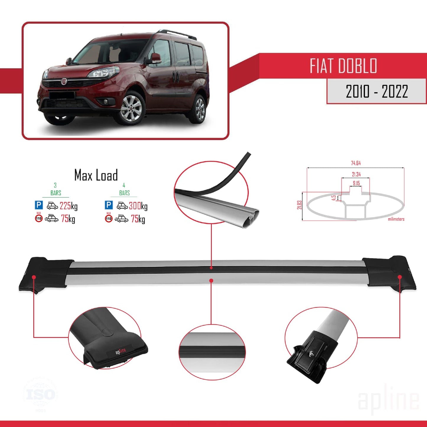 Kompatibel mit Fiat Doblo 2 2010-2022 FLY Modell Dachgepäckträger, graues Aluminium, 3-Stangen