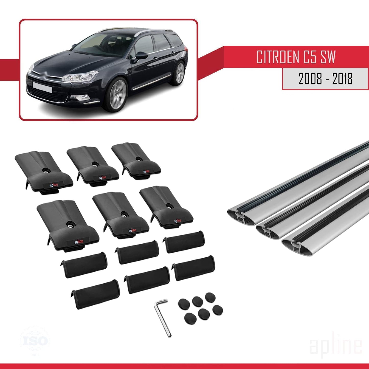 Kompatibel mit Citroen C5 II Tourer 2008-2018 FLY Modell Dachgepäckträger, graues Aluminium, 3 Stangen
