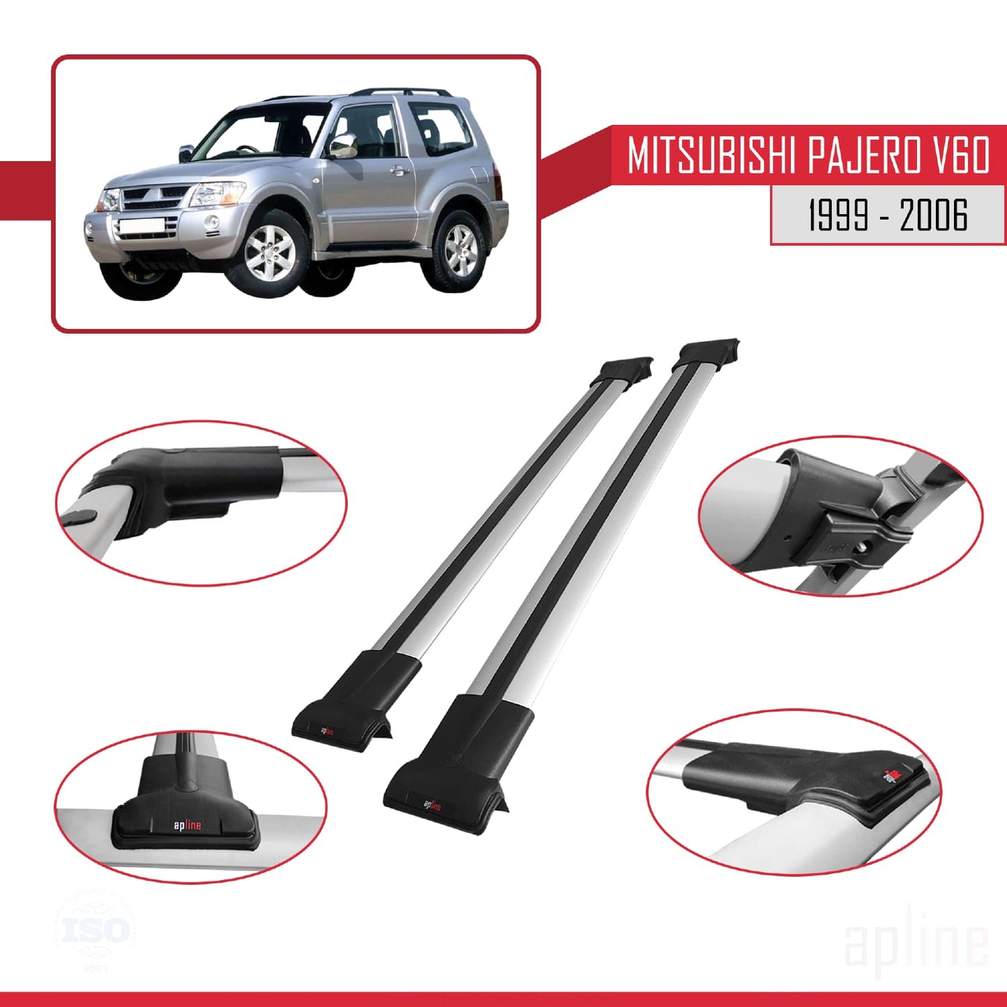 Compatible with Mitsubishi Pajero (V60) 3 Kapı 1999-2006 FLY Model Car Roof Rack Cross Bar Grey Aluminium 2 Bars