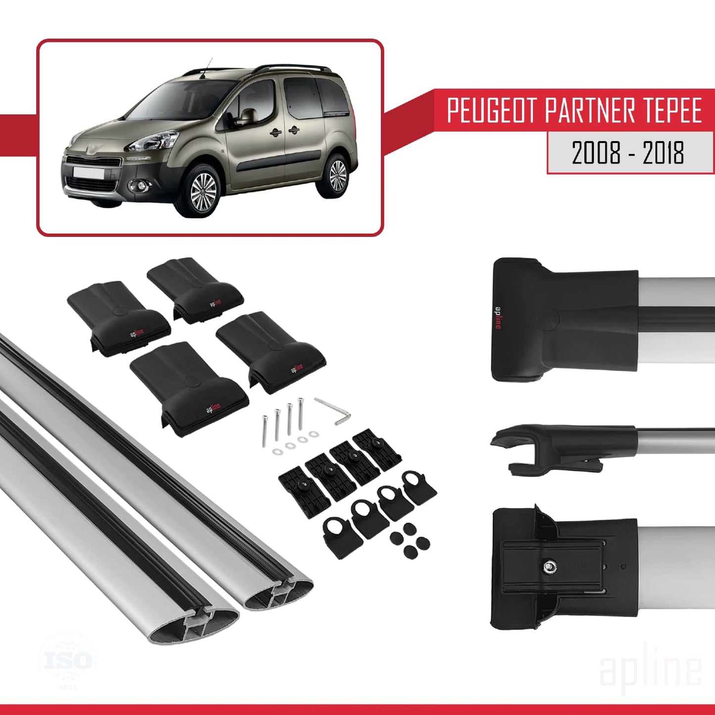 Compatible with Peugeot Partner 2 Tepee 2008-2018 FLY Model Car Roof Rack Cross Bar Grey Aluminium 2 Bars