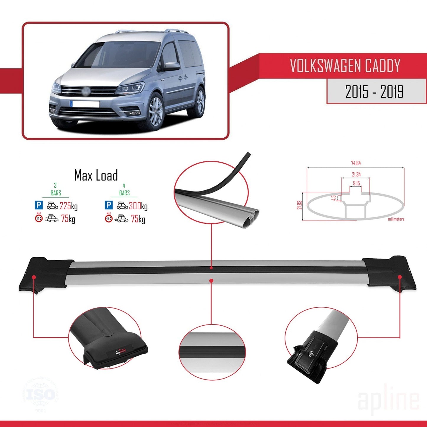 Compatible avec Volkswagen Caddy 3 (SA) 2015-2019 FLY Model Barres de Toit Railing Porte-Bagages de Voiture Gris Aluminium 4 Barres