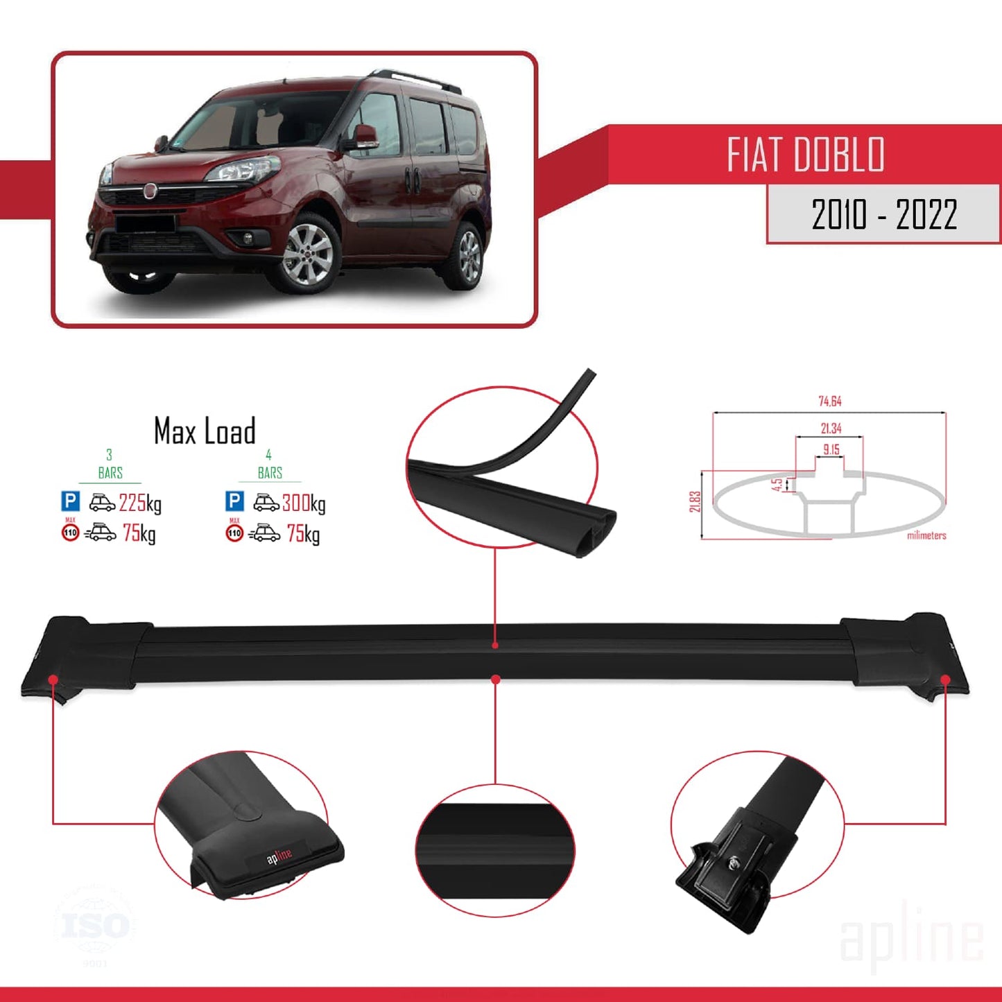 Kompatibel mit Fiat Doblo 2 2010-2022 FLY Modell Dachgepäckträger, schwarzes Aluminium, 3-teilig