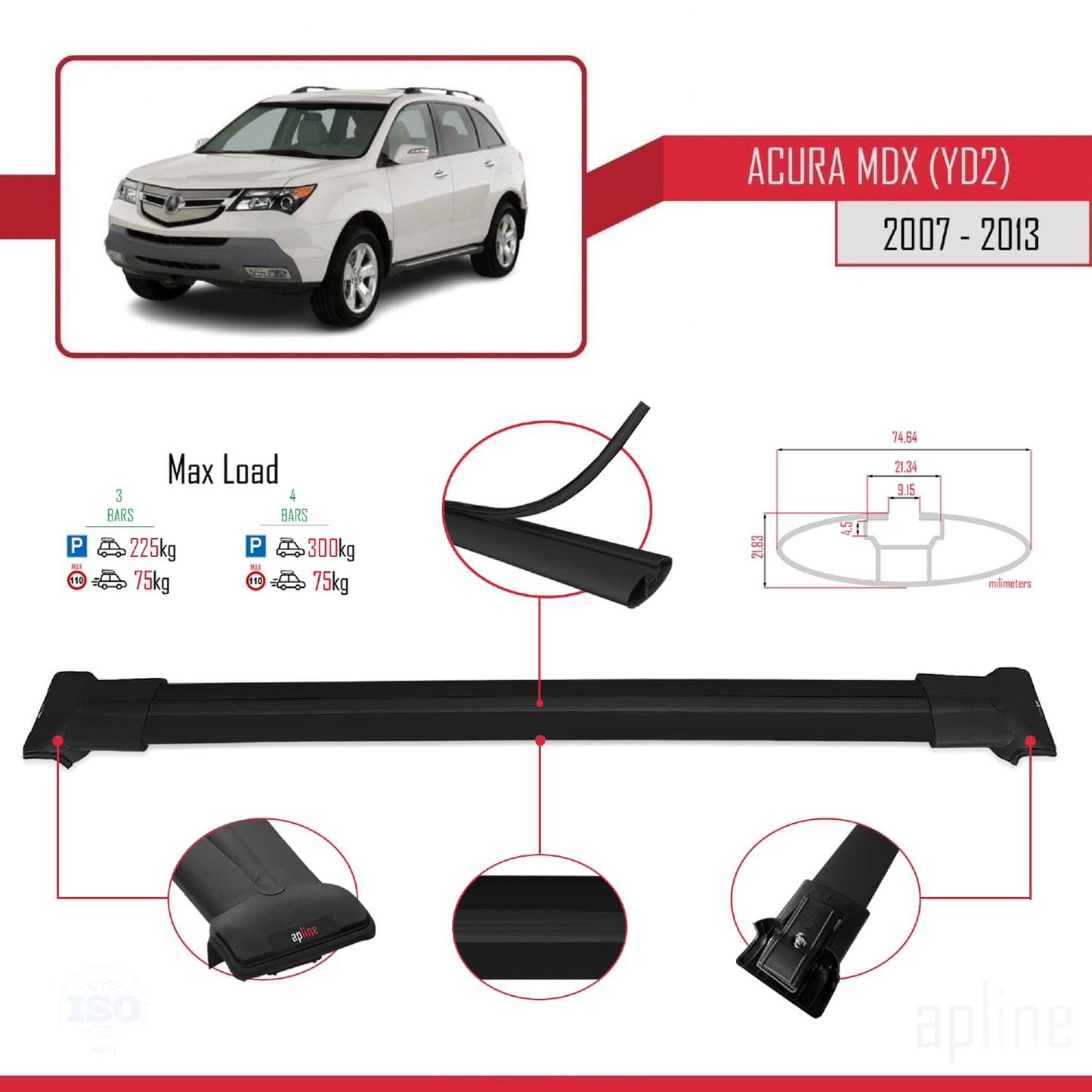 Kompatibel mit Acura MDX (YD2) 2007-2013 FLY Modell Dachgepäckträger, schwarzes Aluminium, 3 Stangen
