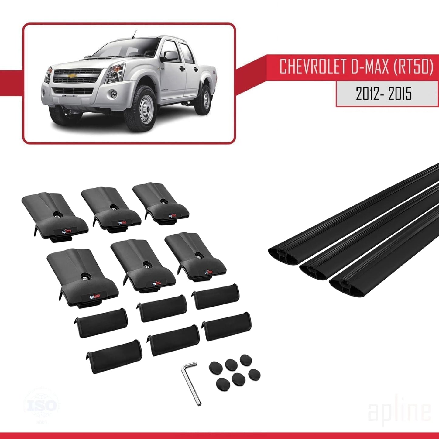 Kompatibel mit Chevrolet D-Max (RT50) 2012-2015 FLY Modell Dachgepäckträger, schwarzes Aluminium, 3 Stangen