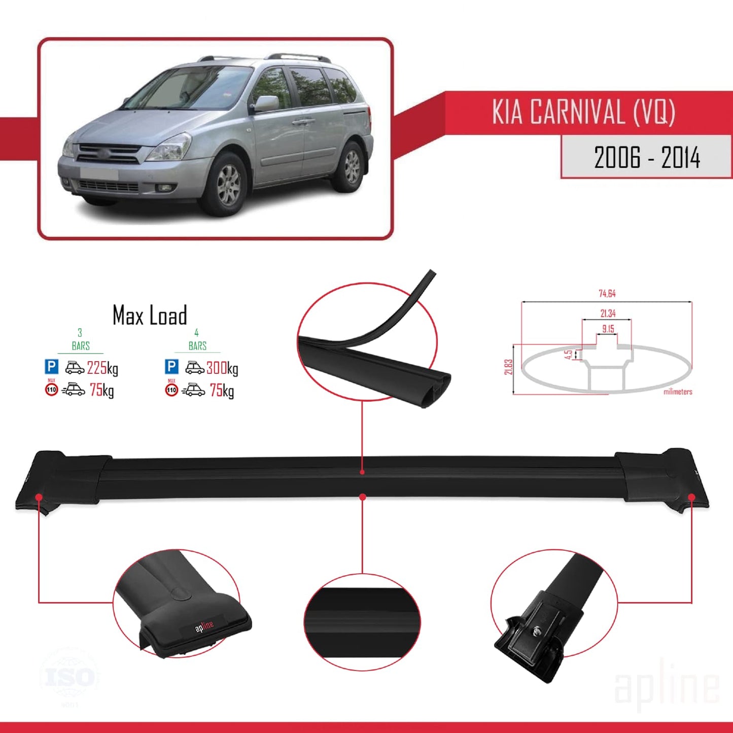 Kompatibel mit Kia Carnival 2 (VQ) 2006-2014 FLY Model Relingträger Dachträger Auto Gepäckträger Schwarz Aluminium 3 Stangen