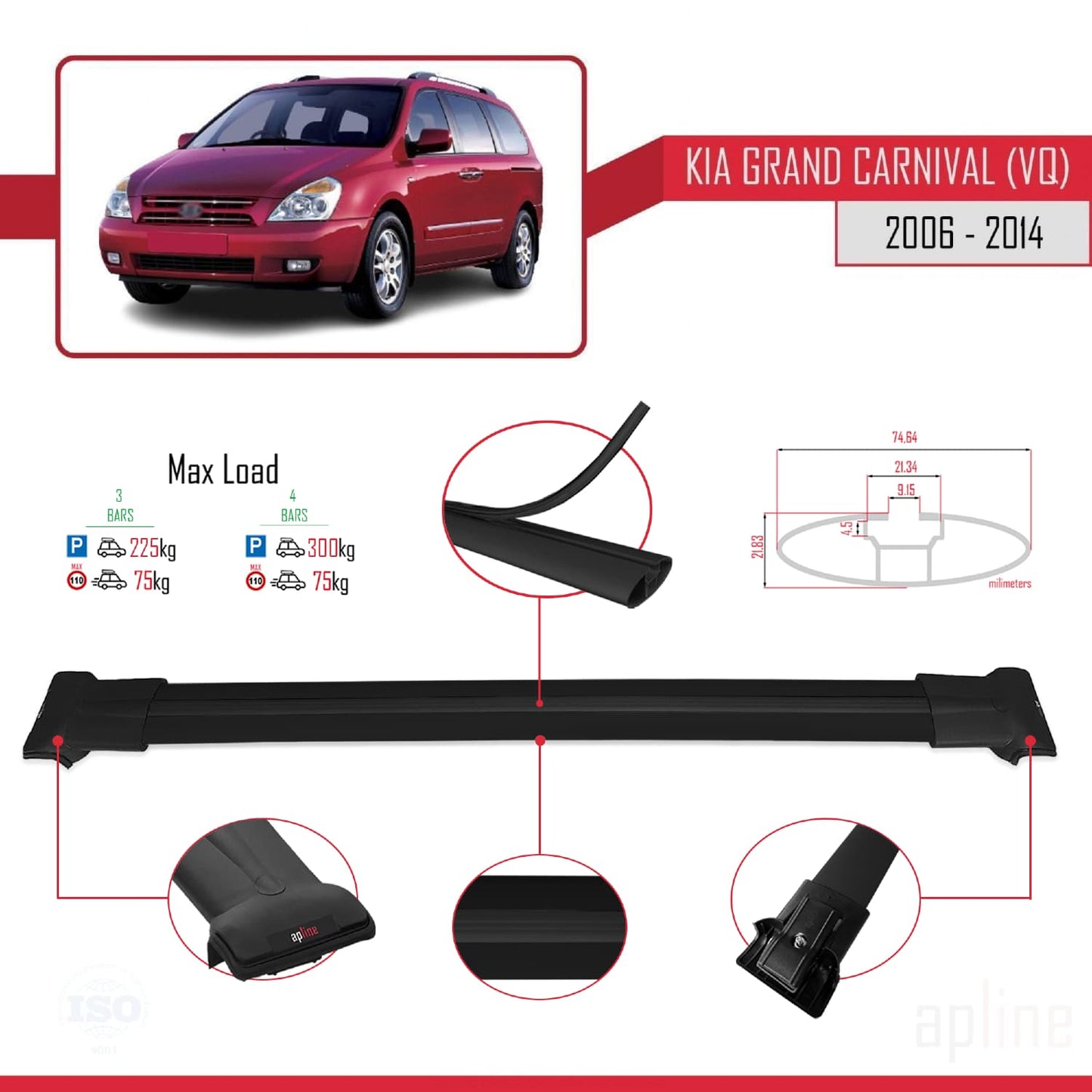 Compatible with Kia Grand Carnival 2 (VQ) 2006-2014 FLY Model Car Roof Rack Cross Bar Black Aluminium 3 Bars