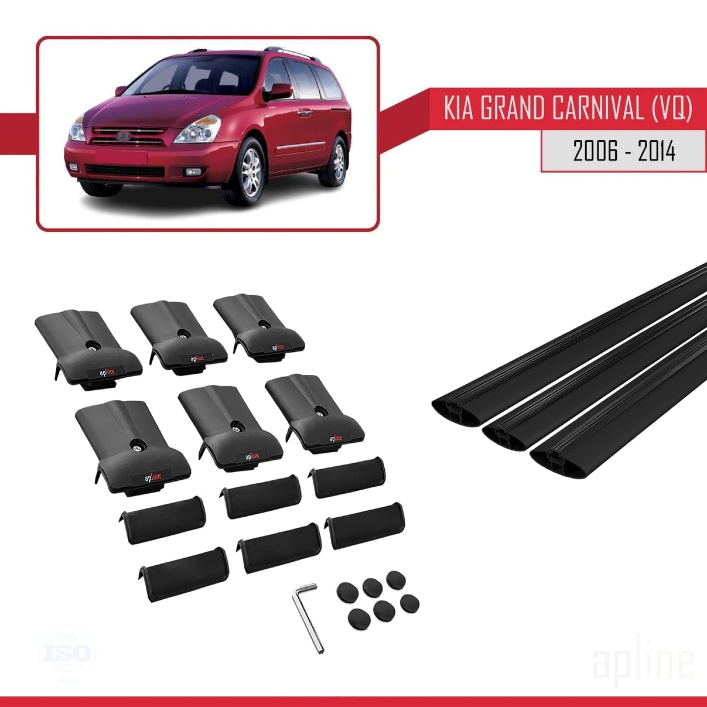 Compatible with Kia Grand Carnival 2 (VQ) 2006-2014 FLY Model Car Roof Rack Cross Bar Black Aluminium 3 Bars