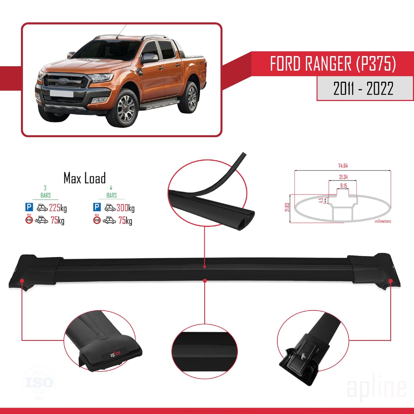 Kompatibel mit Ford Ranger (P375) 2011-2022 FLY Model Relingträger Dachträger Auto Gepäckträger Schwarz Aluminium 3 Stangen