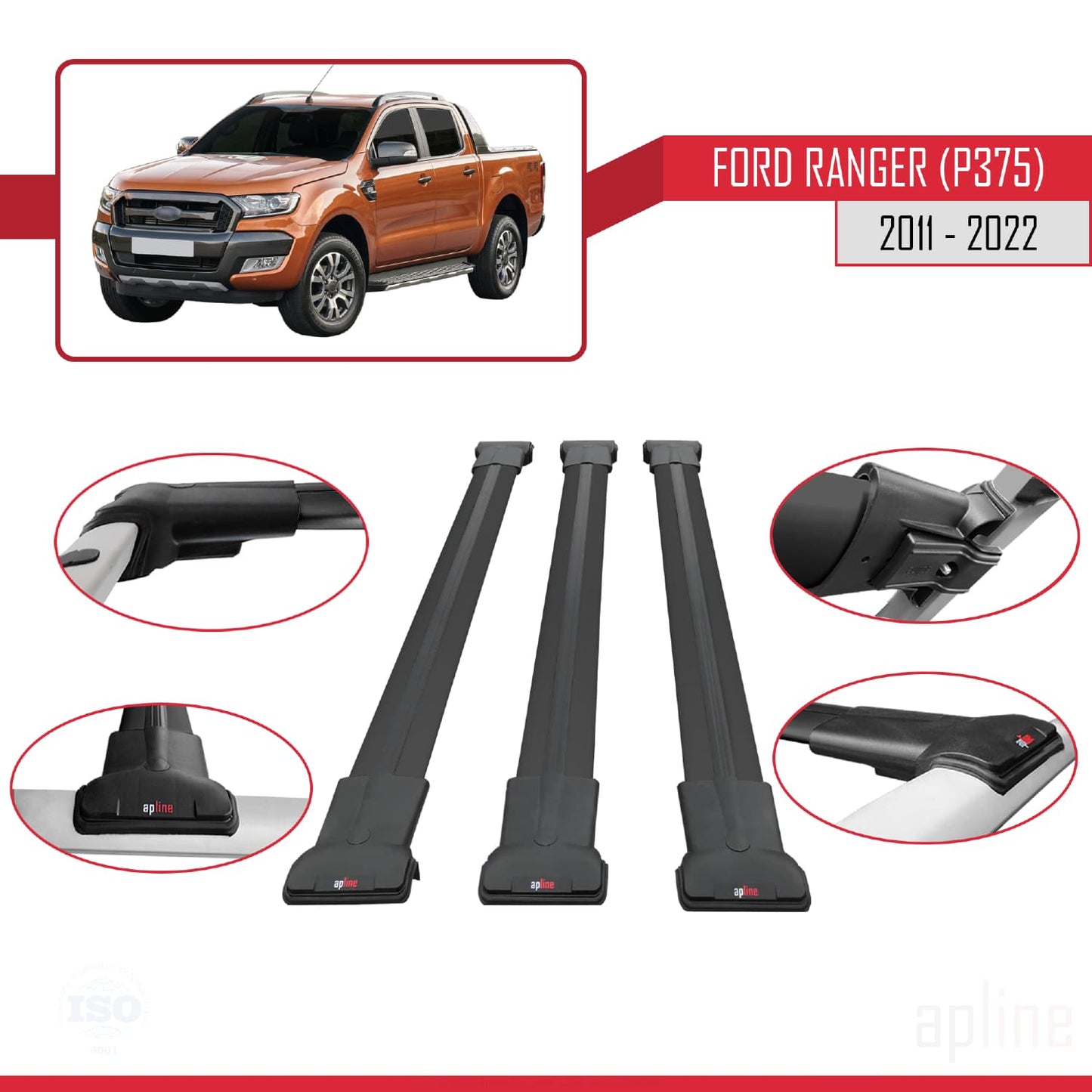 Kompatibel mit Ford Ranger (P375) 2011-2022 FLY Model Relingträger Dachträger Auto Gepäckträger Schwarz Aluminium 3 Stangen