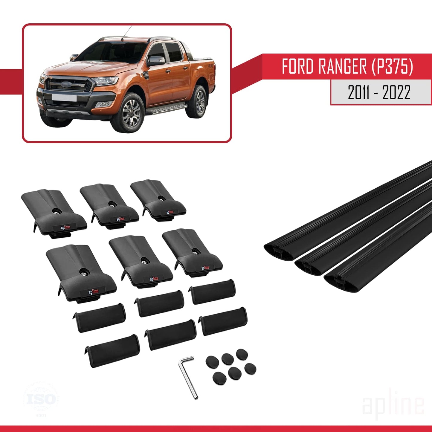 Kompatibel mit Ford Ranger (P375) 2011-2022 FLY Model Relingträger Dachträger Auto Gepäckträger Schwarz Aluminium 3 Stangen