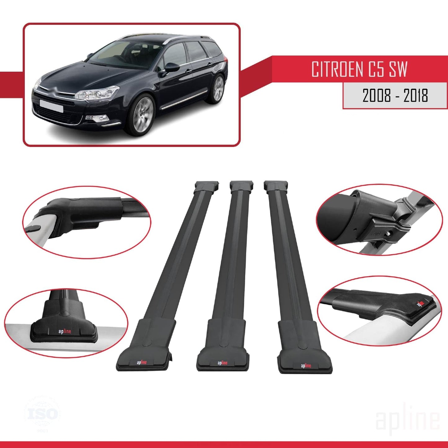 Kompatibel mit Citroen C5 II Tourer 2008-2018 FLY Modell Dachgepäckträger, schwarzes Aluminium, 3 Querträger