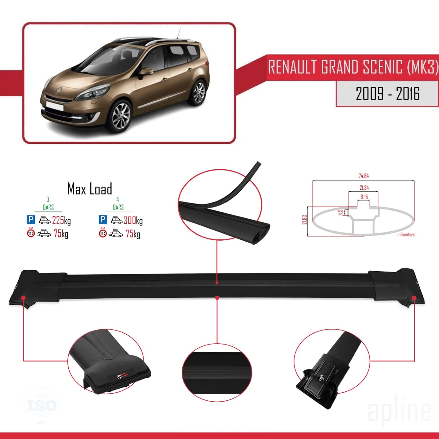 Kompatibel mit Renault Grand Scenic 3 2009-2016 FLY Model Relingträger Dachträger Auto Gepäckträger Schwarz Aluminium 3 Stangen