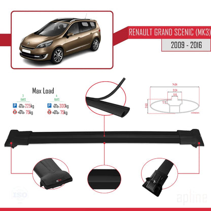 Kompatibel mit Renault Grand Scenic 3 2009-2016 FLY Model Relingträger Dachträger Auto Gepäckträger Schwarz Aluminium 3 Stangen
