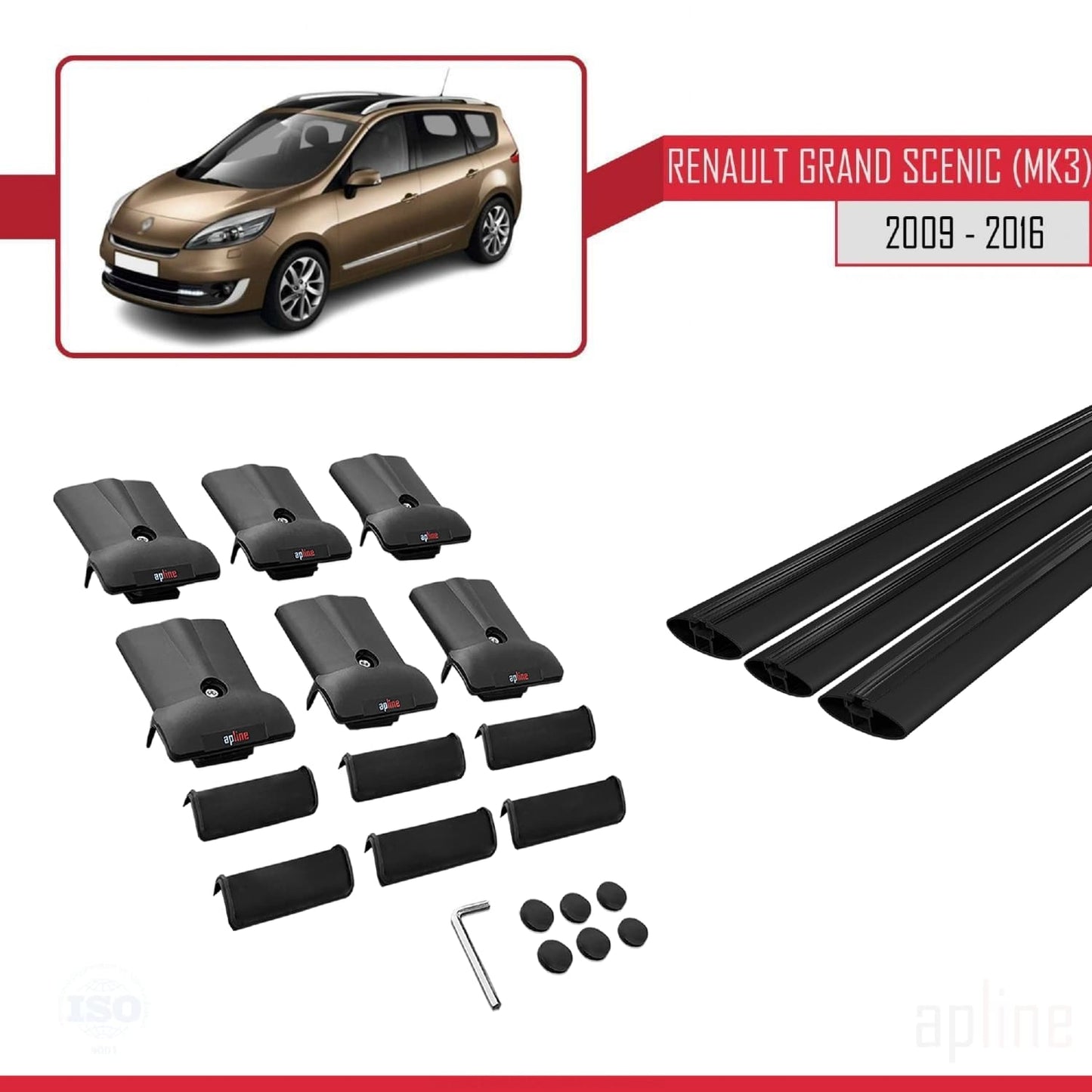 Kompatibel mit Renault Grand Scenic 3 2009-2016 FLY Model Relingträger Dachträger Auto Gepäckträger Schwarz Aluminium 3 Stangen
