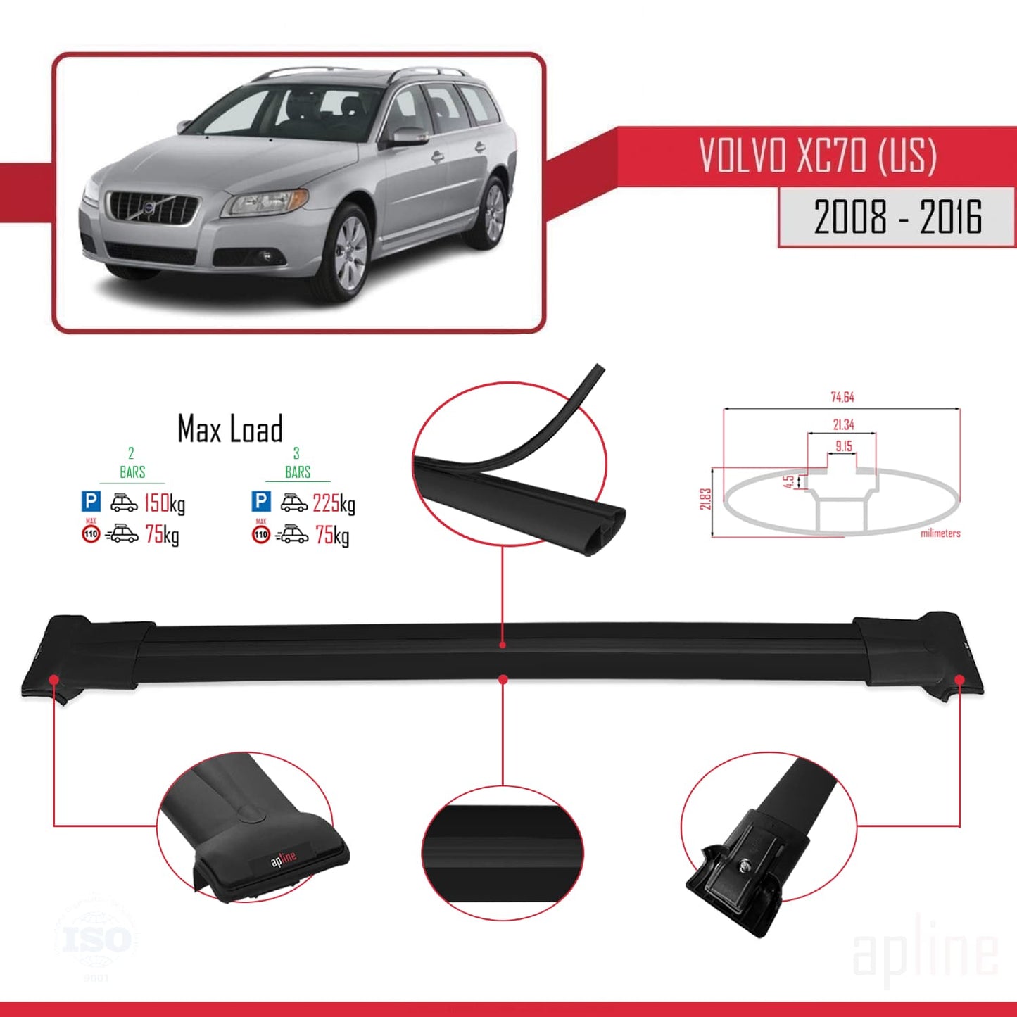Compatible avec Volvo XC70 II (P24) 2008-2016 FLY Model Barres de Toit Railing Porte-Bagages de Voiture Noir Aluminium 2 Barres