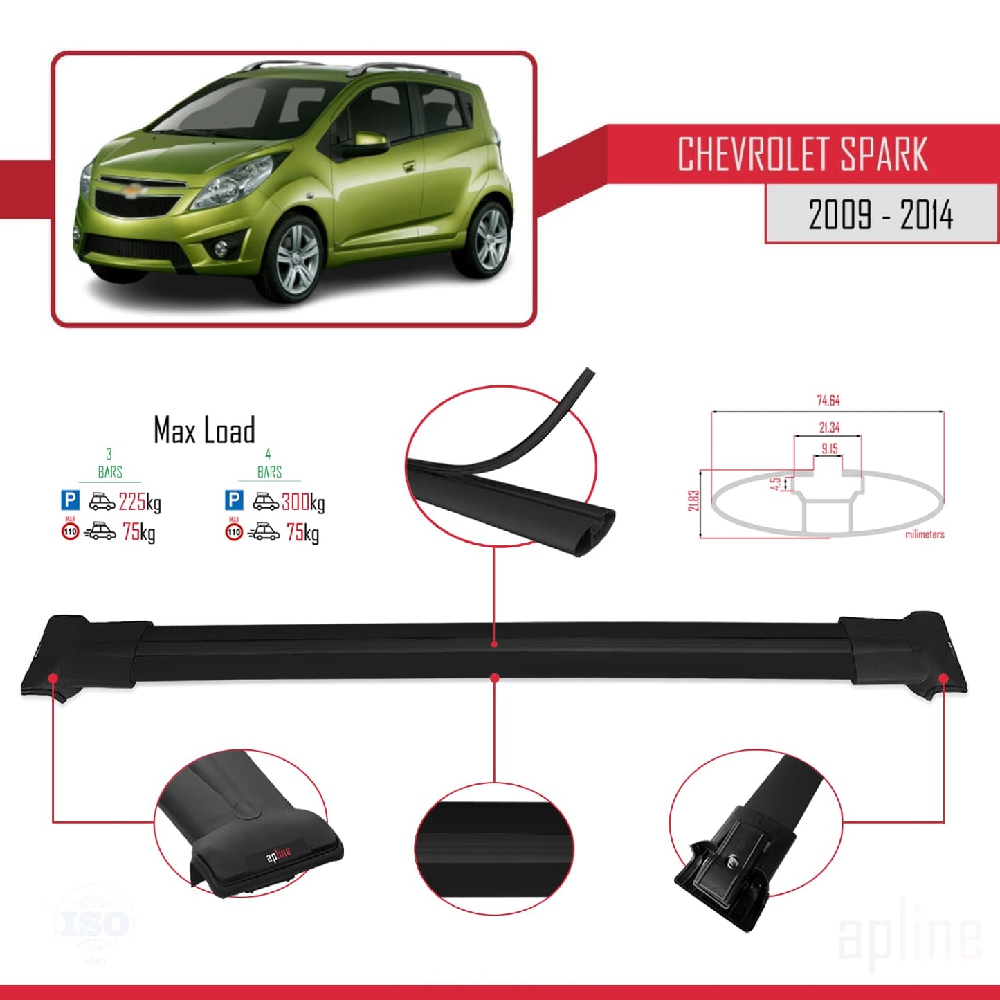 Kompatibel mit Chevrolet Spark (M300) 2009-2014 FLY Modell Dachgepäckträger, schwarzes Aluminium, 3 Stangen