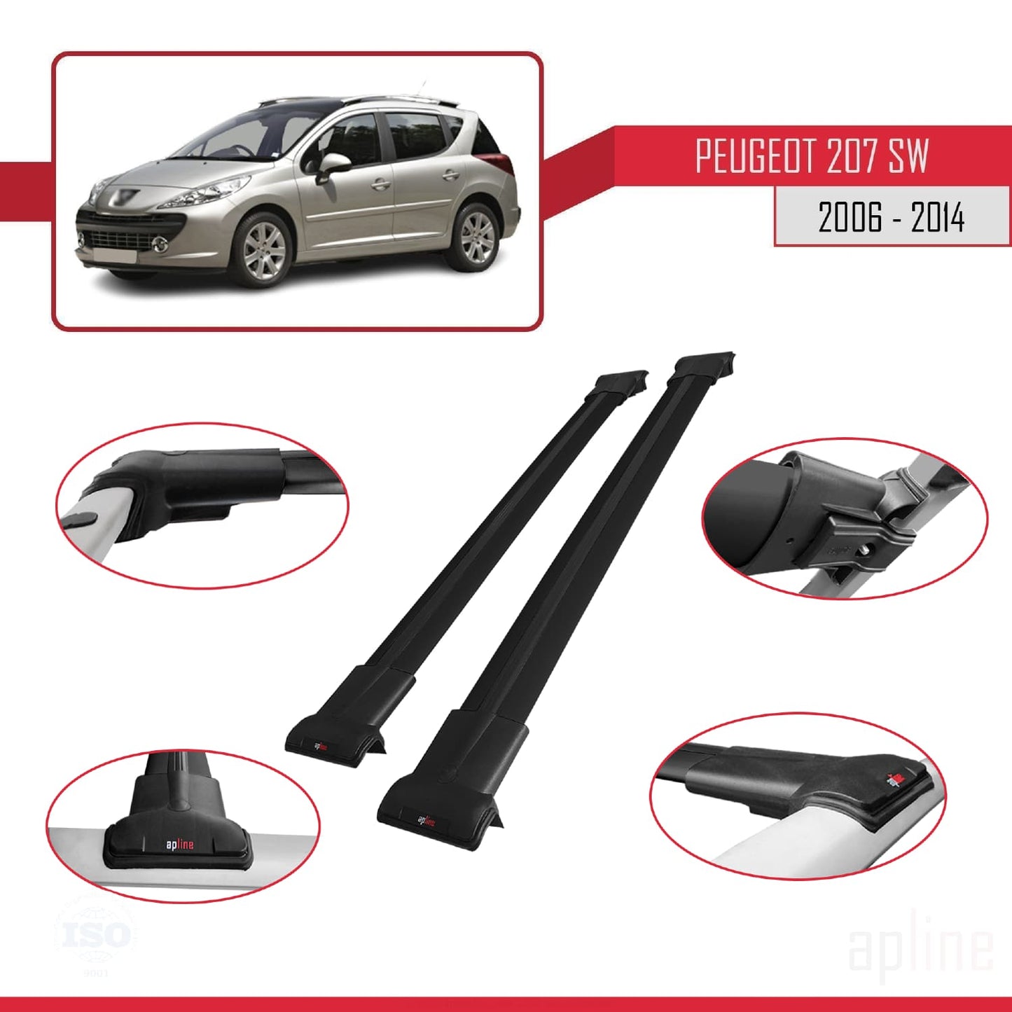 Compatible avec Peugeot 207 Break 2006-2014 FLY Model Barres de Toit Railing Porte-Bagages de Voiture Noir Aluminium 2 Barres