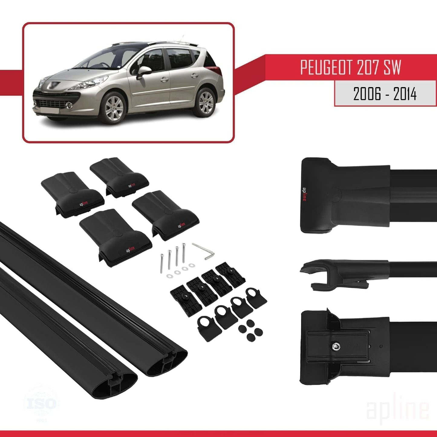 Compatible avec Peugeot 207 Break 2006-2014 FLY Model Barres de Toit Railing Porte-Bagages de Voiture Noir Aluminium 2 Barres