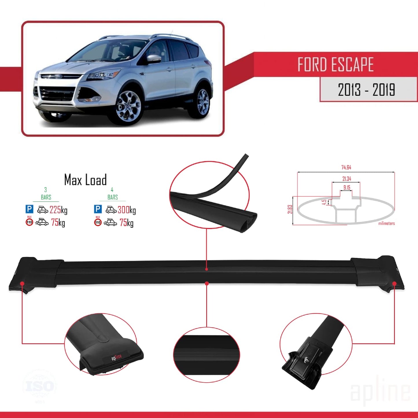 Kompatibel mit Ford Escape 3 2013-2019 FLY Modell Dachgepäckträger, Gepäckträger, schwarzes Aluminium, 3 Stangen
