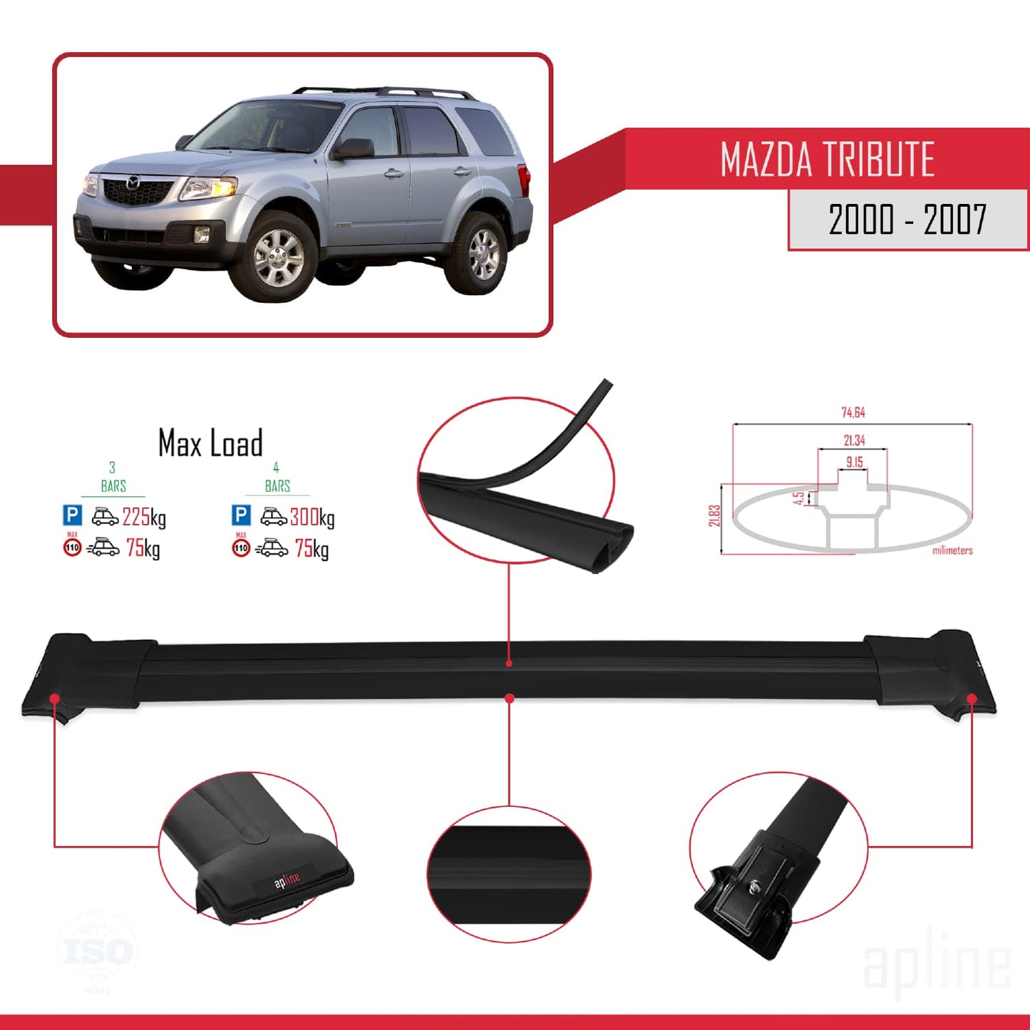 Kompatibel mit Mazda Tribute 2000-2007 FLY Model Relingträger Dachträger Auto Gepäckträger Schwarz Aluminium 3 Stangen
