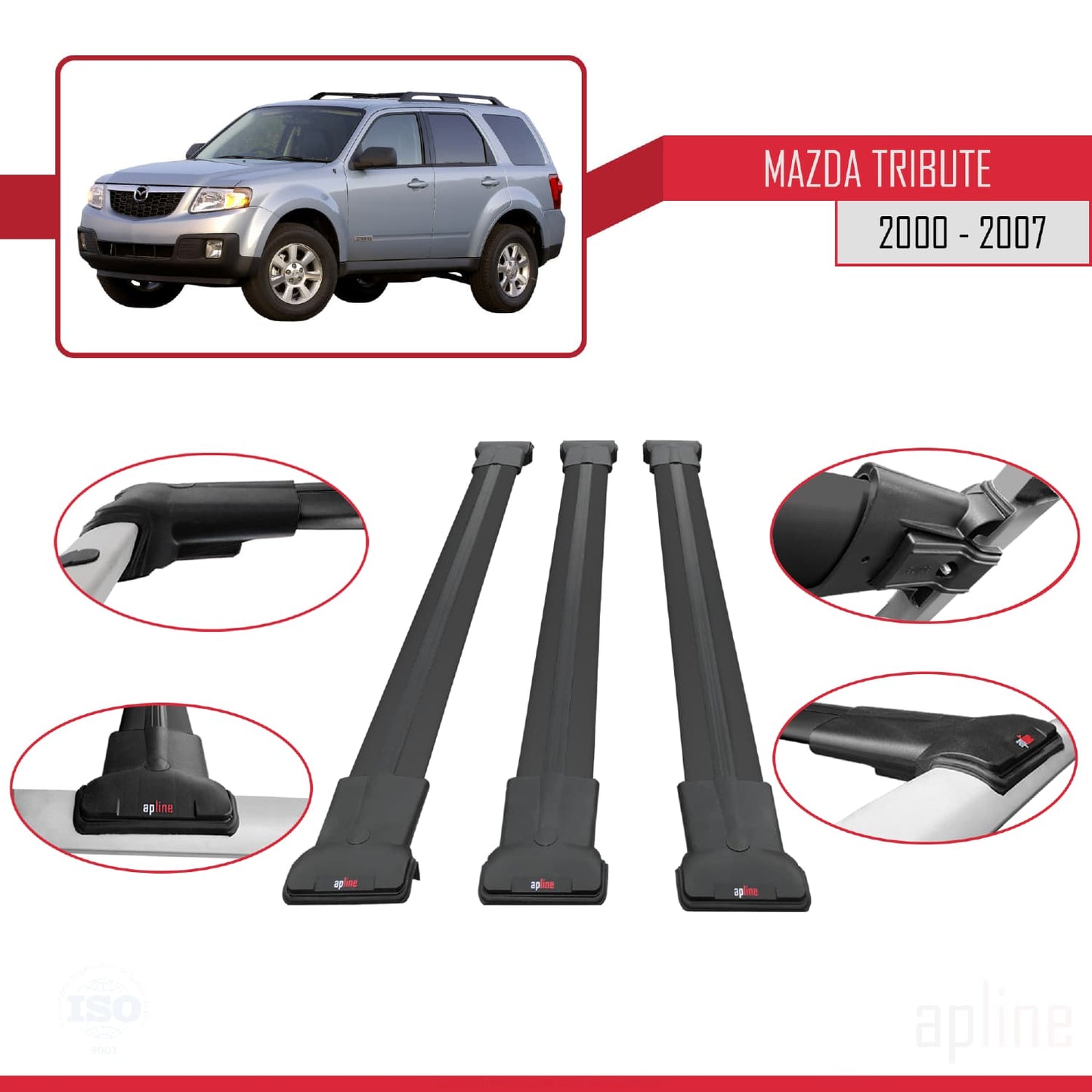 Kompatibel mit Mazda Tribute 2000-2007 FLY Model Relingträger Dachträger Auto Gepäckträger Schwarz Aluminium 3 Stangen
