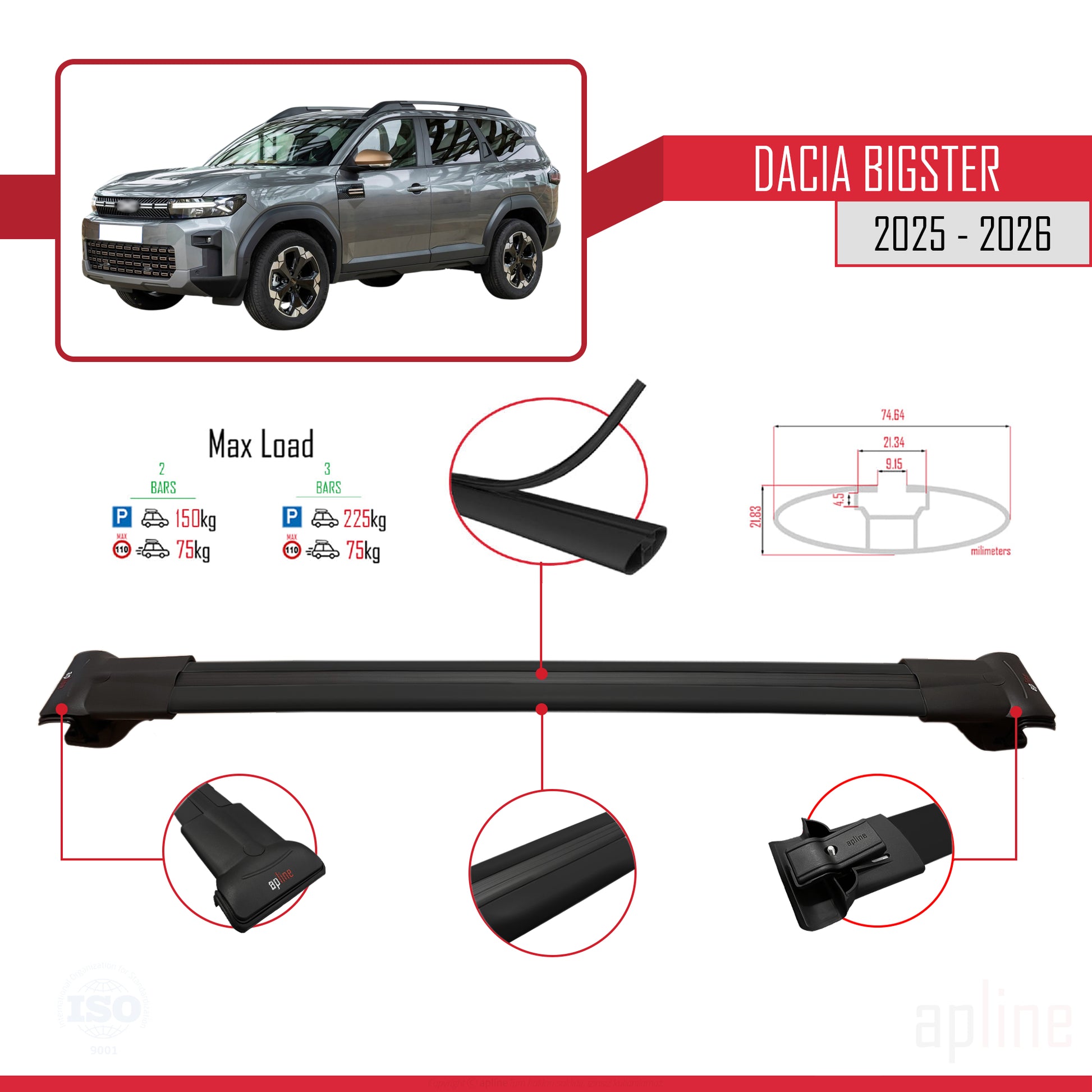 Compatible avec Dacia Bigster 2025-2026 FLY Model Barres de Toit Railing Porte-Bagages de Voiture Noir Aluminium 3 Barres
