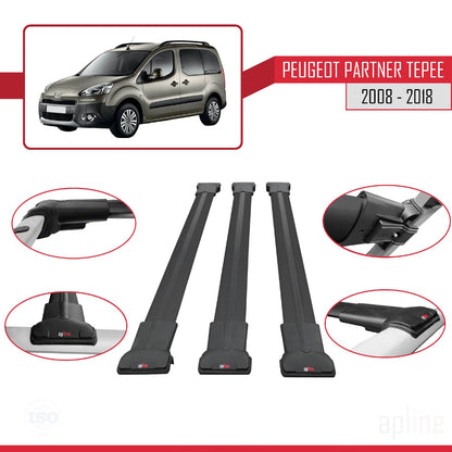 Compatible with Peugeot Partner 2 Tepee 2008-2018 FLY Model Car Roof Rack Cross Bar Black Aluminium 3 Bars