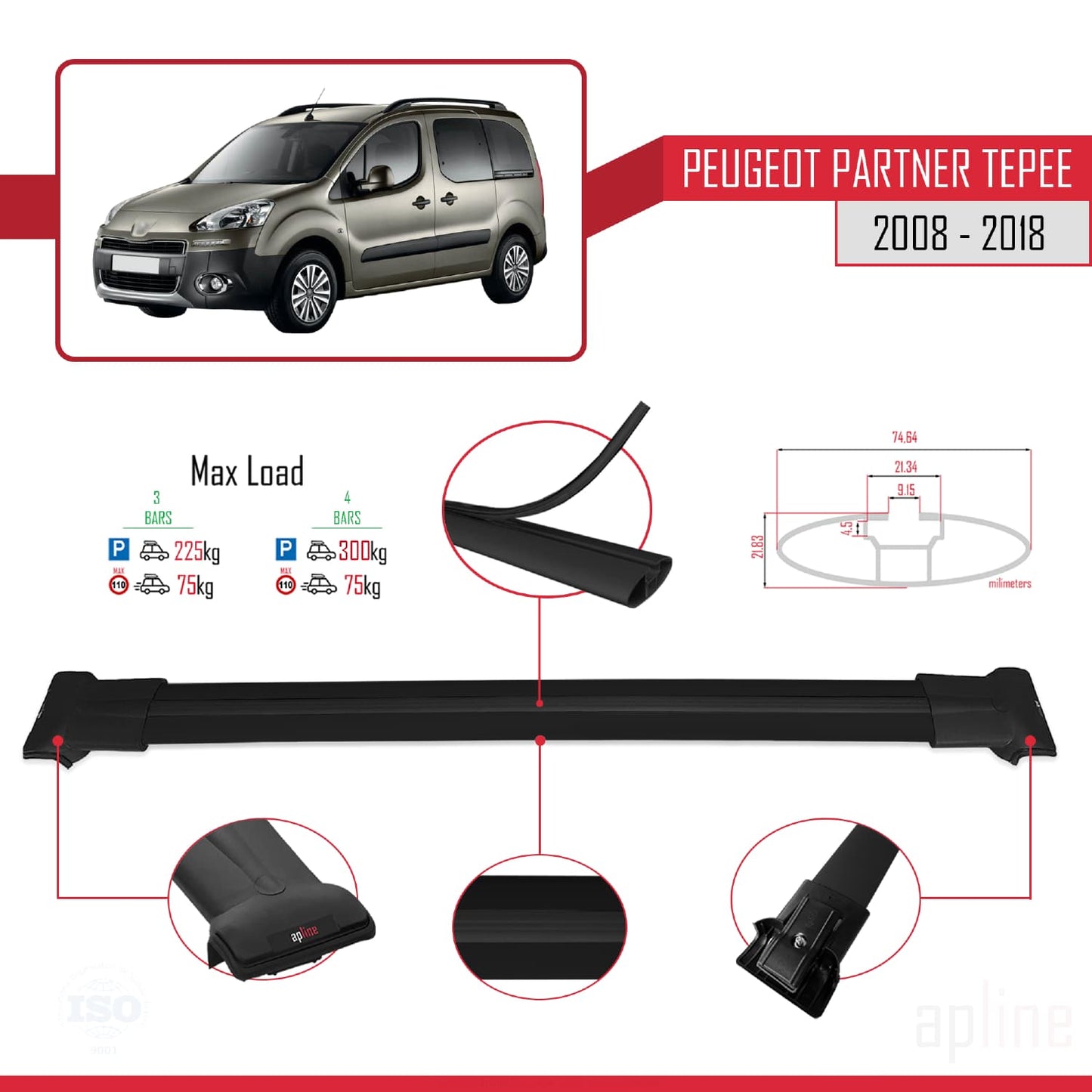 Compatible with Peugeot Partner 2 Tepee 2008-2018 FLY Model Car Roof Rack Cross Bar Black Aluminium 4 Bars