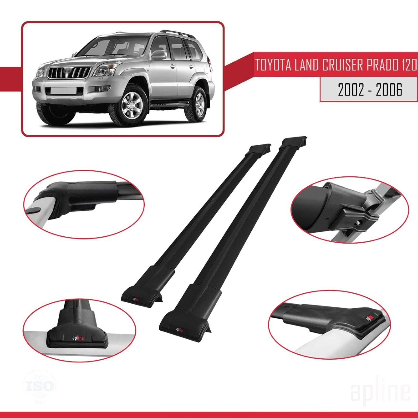 Compatible avec Toyota Land Cruiser Prado (J120) 2002-2006 FLY Model Barres de Toit Railing Porte-Bagages de Voiture Noir Aluminium 2 Barres