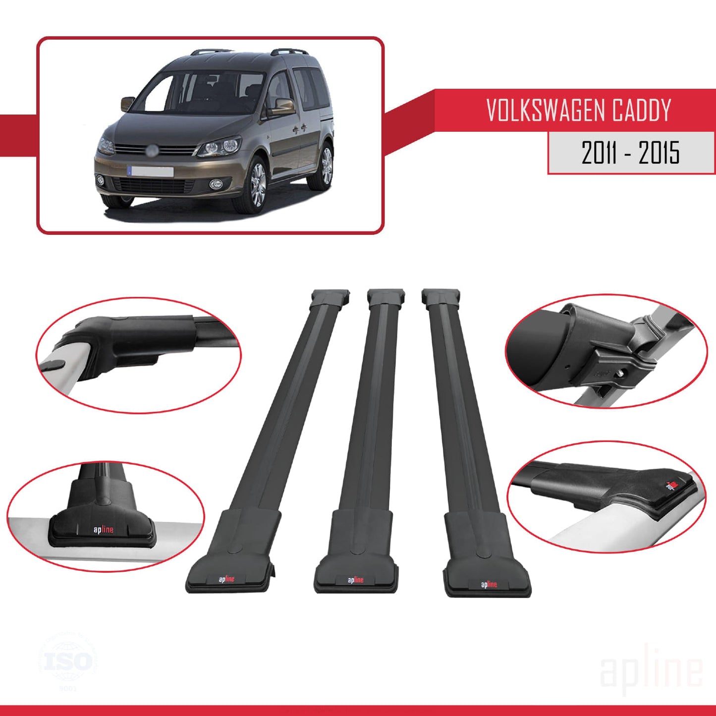 Compatible avec Volkswagen Caddy 3 (2K) 2011-2015 FLY Model Barres de Toit Railing Porte-Bagages de Voiture Noir Aluminium 3 Barres