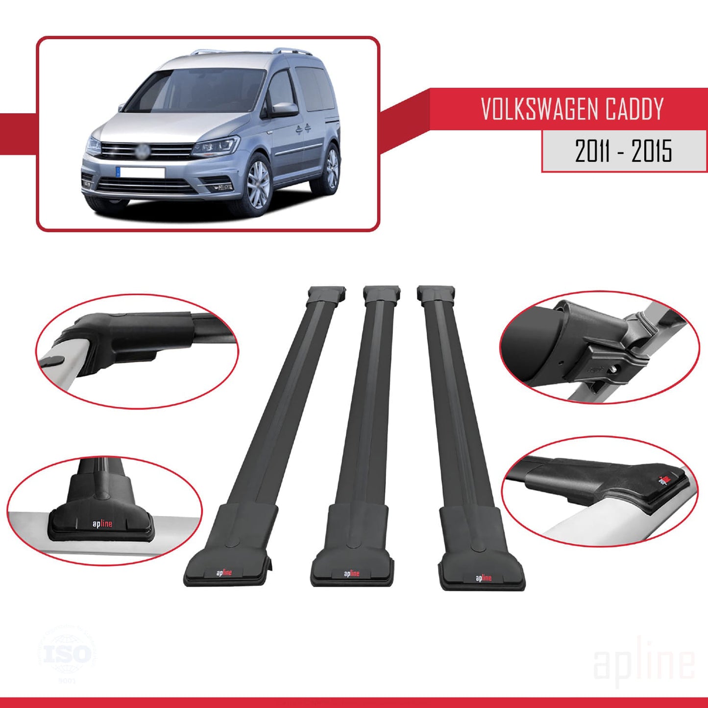 Compatible avec Volkswagen Caddy 3 (SA) 2015-2019 FLY Model Barres de Toit Railing Porte-Bagages de Voiture Noir Aluminium 3 Barres