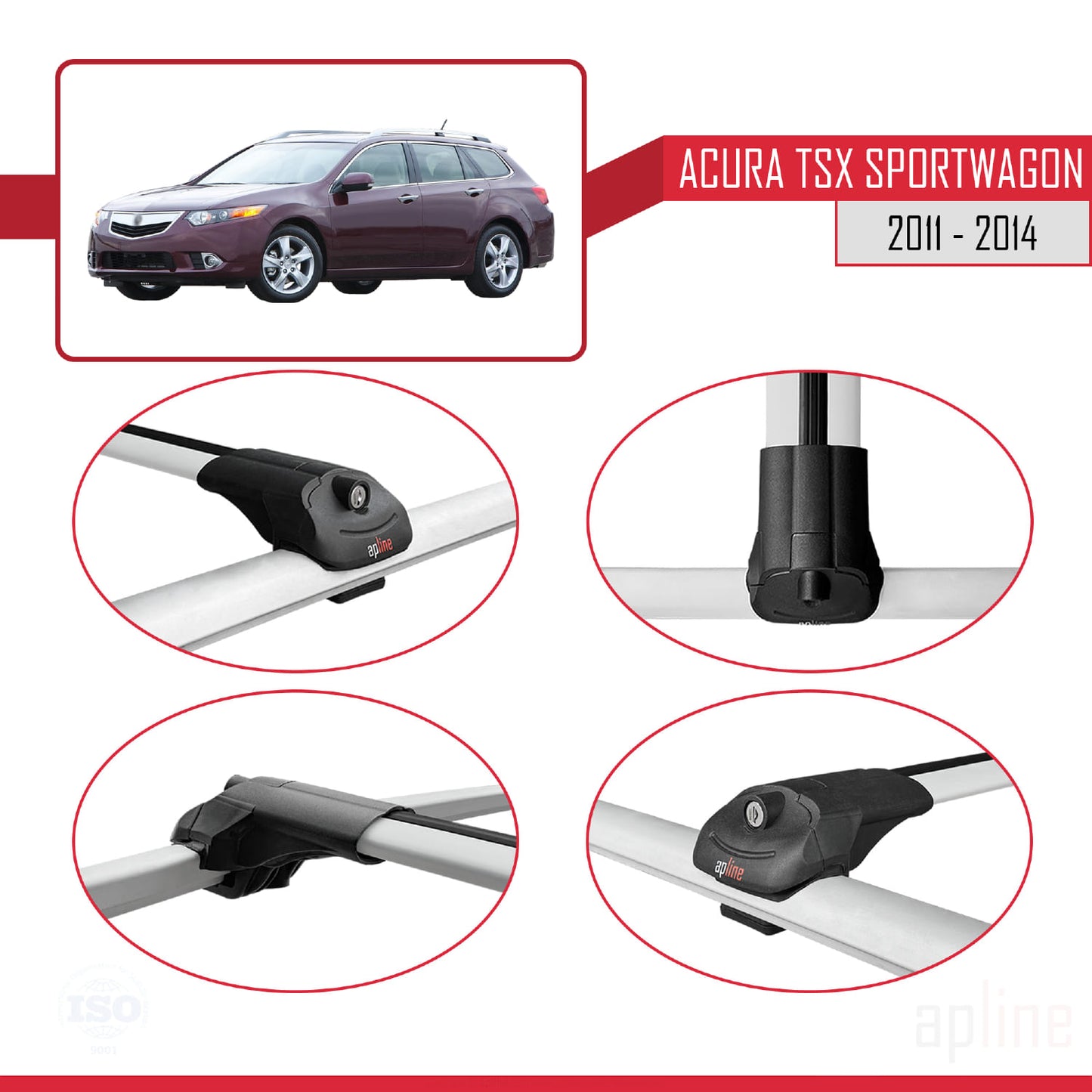 Kompatibel mit Acura TSX Sportwagon 2011-2014 ACE-1 Dachgepäckträger, Reling, Gepäckträger, graues Aluminium, 2 Stangen