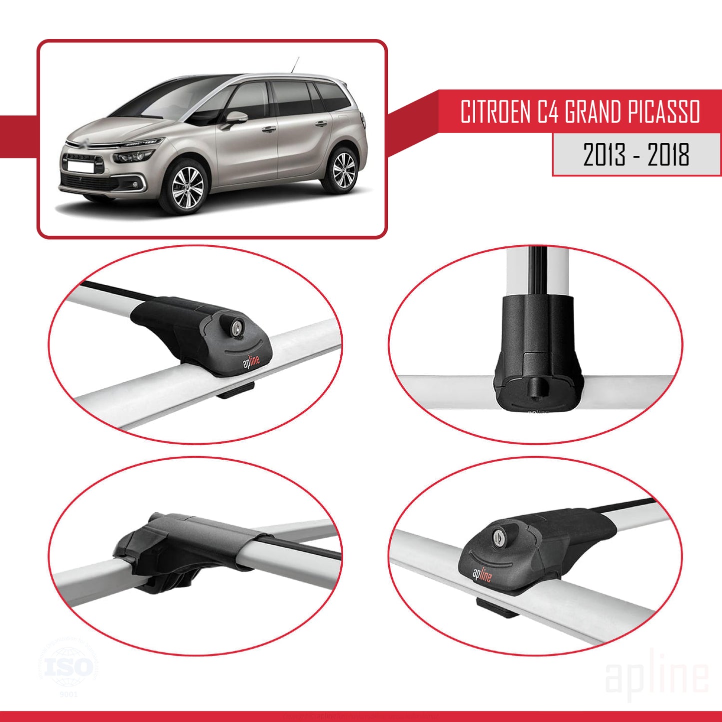 Kompatibel mit Citroen C4 Grand Picasso 2013-2018 ACE-1 Relingträger Dachträger Auto Gepäckträger Grau Aluminium 2 Stangen